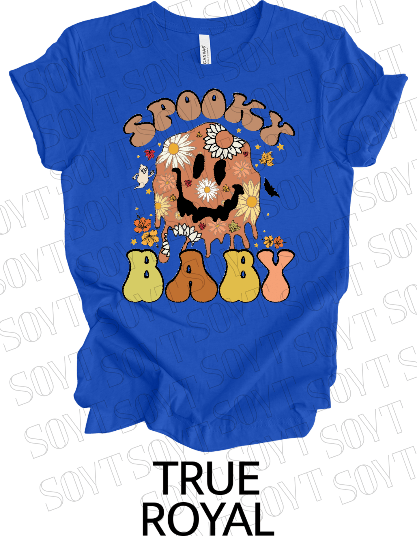 Spooky Baby Halloween T-Shirt – Retro Floral Smiley Face & Fall Daisies Graphic Tee - Festive Apparel StoreRoyal Blue