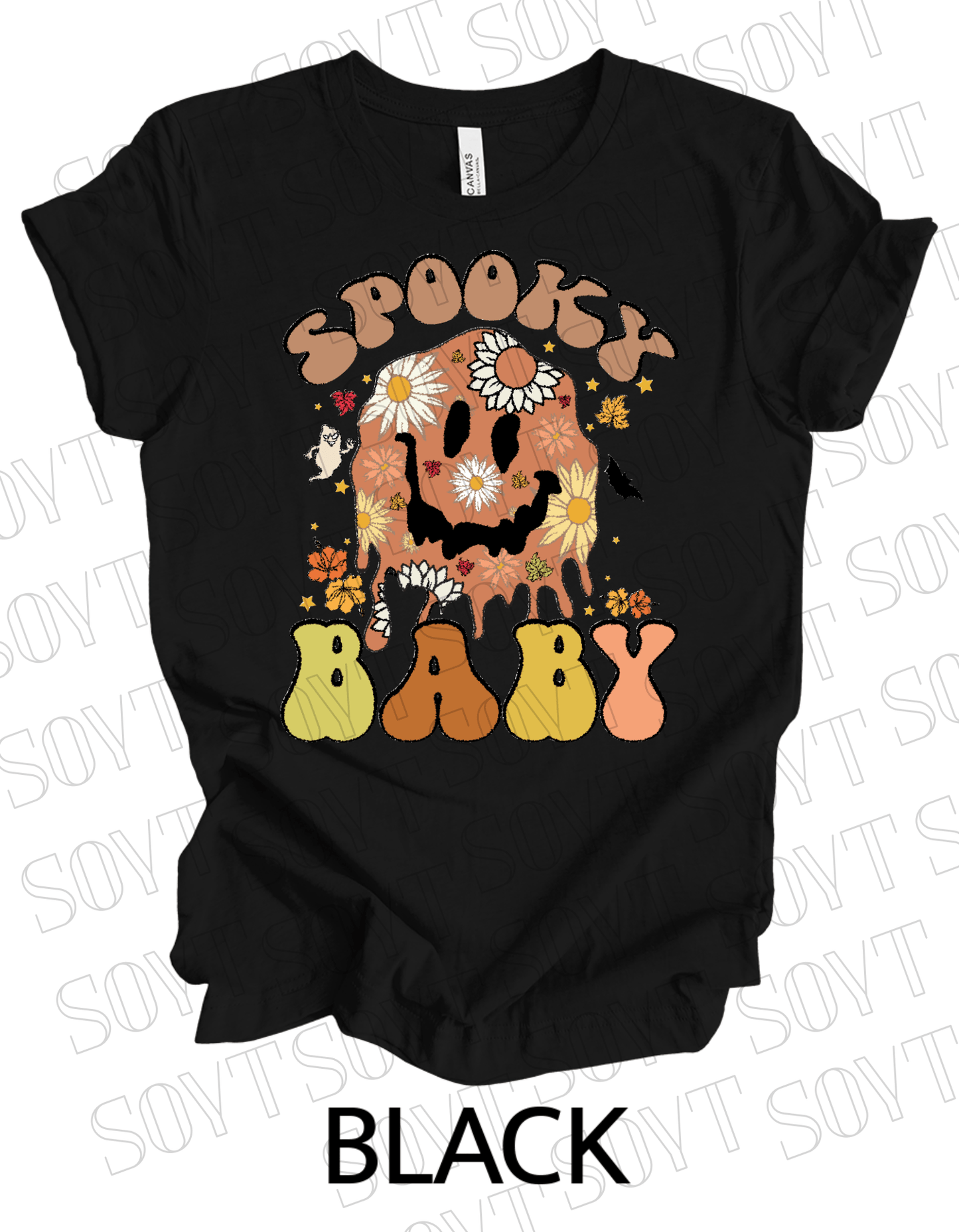 Spooky Baby Halloween T-Shirt – Retro Floral Smiley Face & Fall Daisies Graphic Tee - Festive Apparel StoreBlack