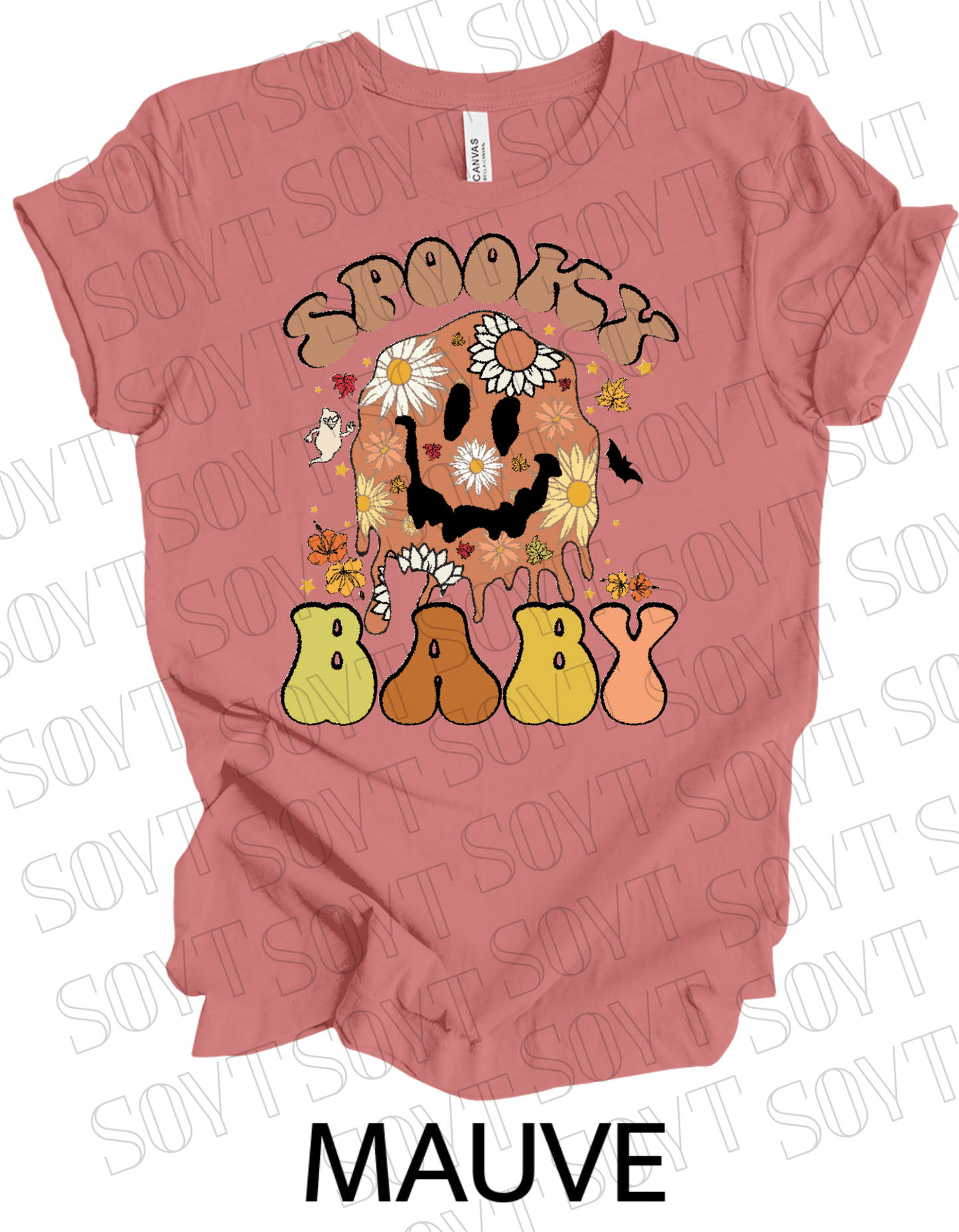 Spooky Baby Halloween T-Shirt – Retro Floral Smiley Face & Fall Daisies Graphic Tee - Festive Apparel StoreMauve