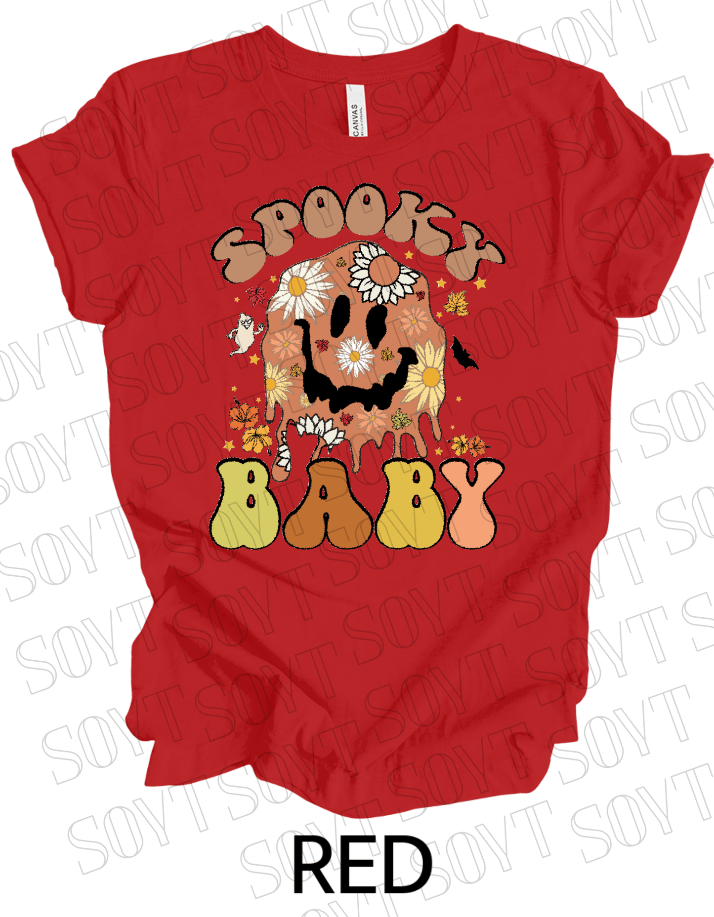 Spooky Baby Halloween T-Shirt – Retro Floral Smiley Face & Fall Daisies Graphic Tee - Festive Apparel StoreRed