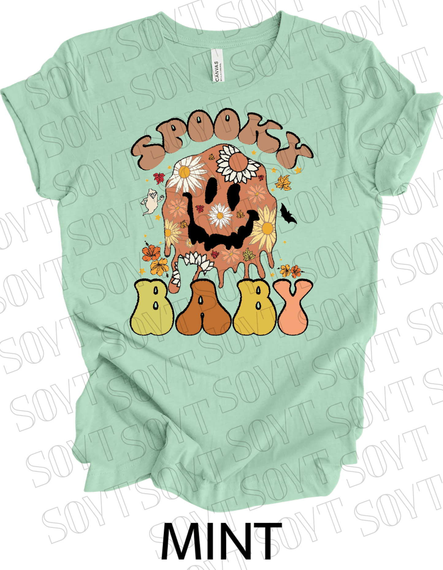 Spooky Baby Halloween T-Shirt – Retro Floral Smiley Face & Fall Daisies Graphic Tee - Festive Apparel StoreMint