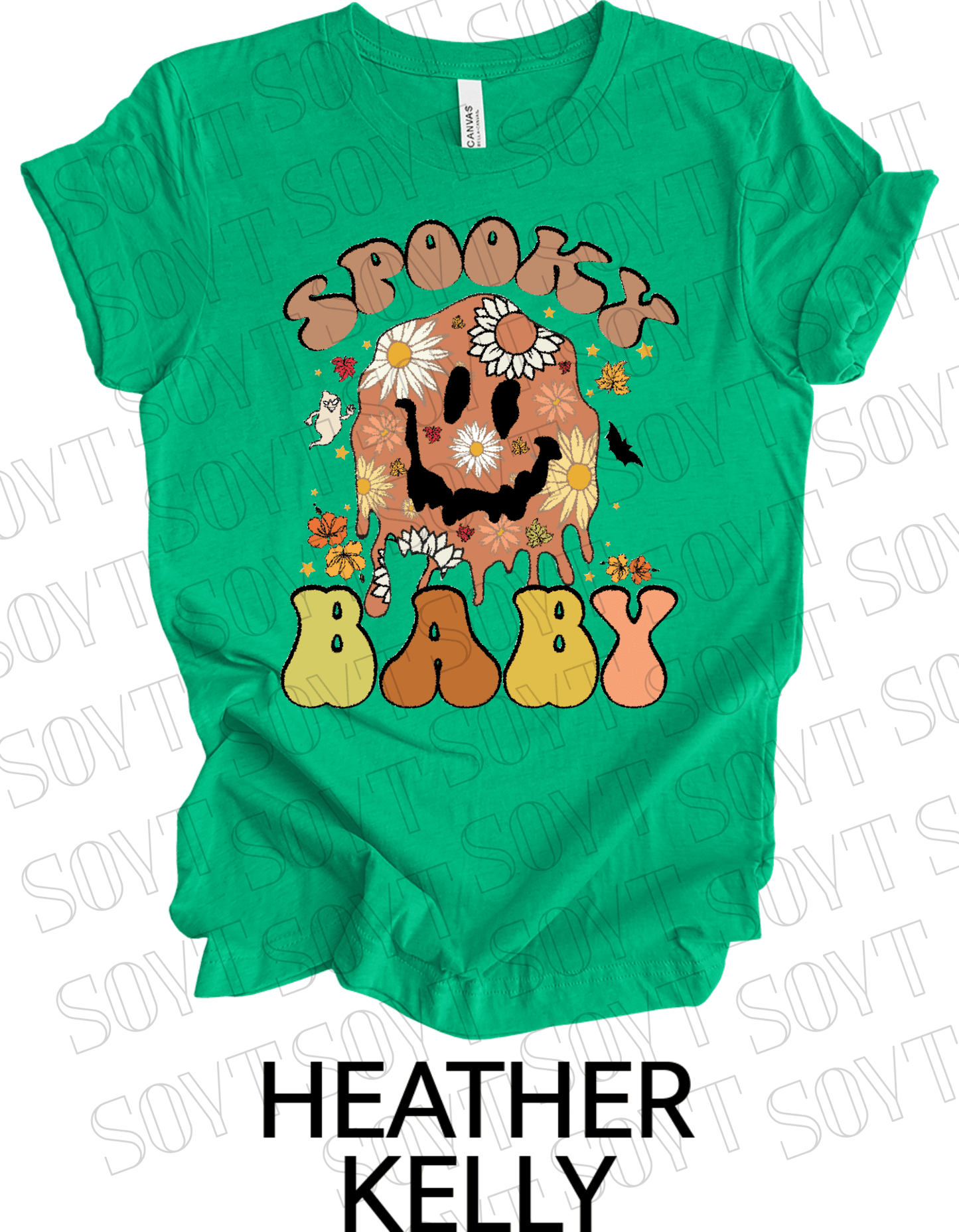 Spooky Baby Halloween T-Shirt – Retro Floral Smiley Face & Fall Daisies Graphic Tee - Festive Apparel StoreHeather Kelly Green