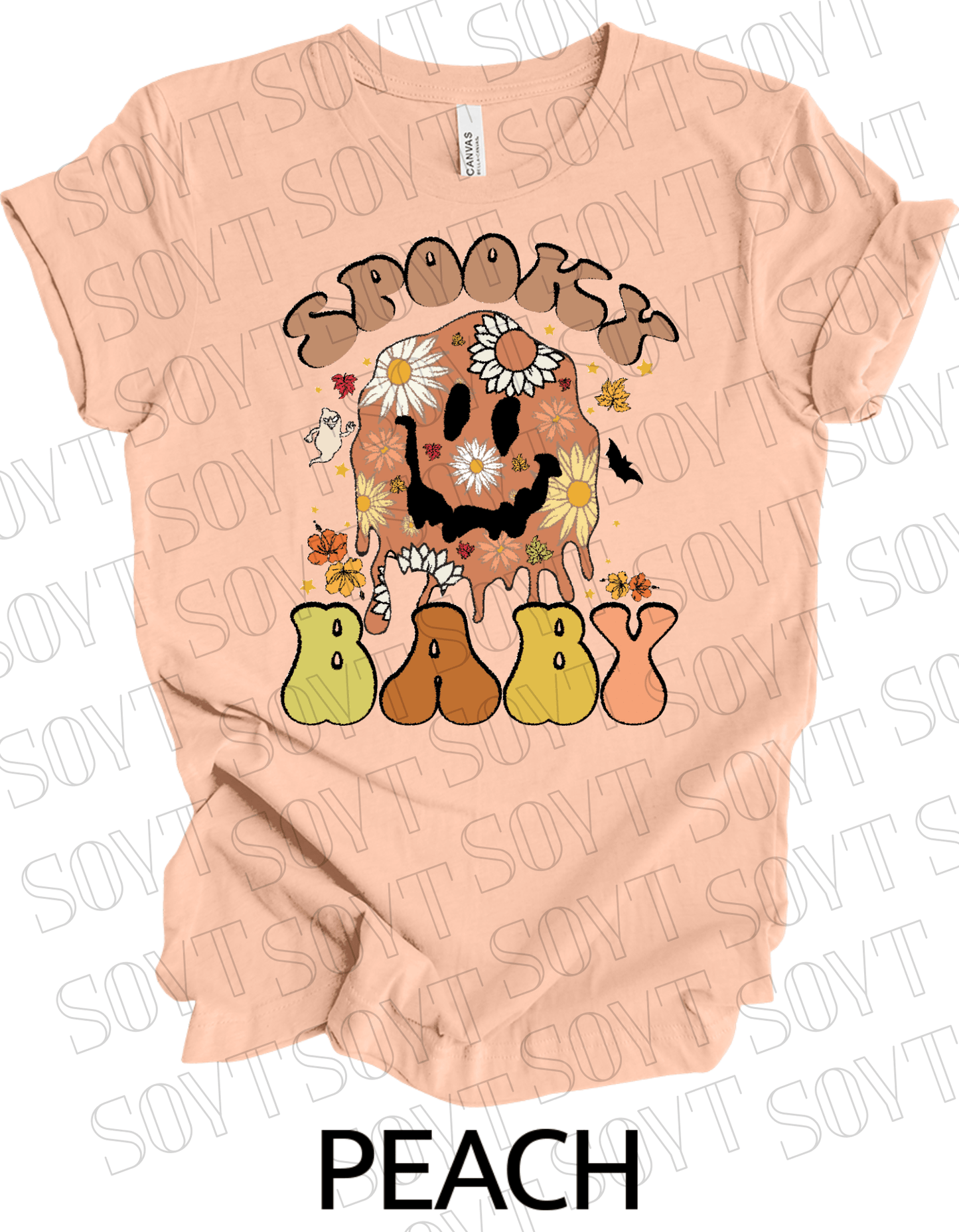Spooky Baby Halloween T-Shirt – Retro Floral Smiley Face & Fall Daisies Graphic Tee - Festive Apparel StorePeach