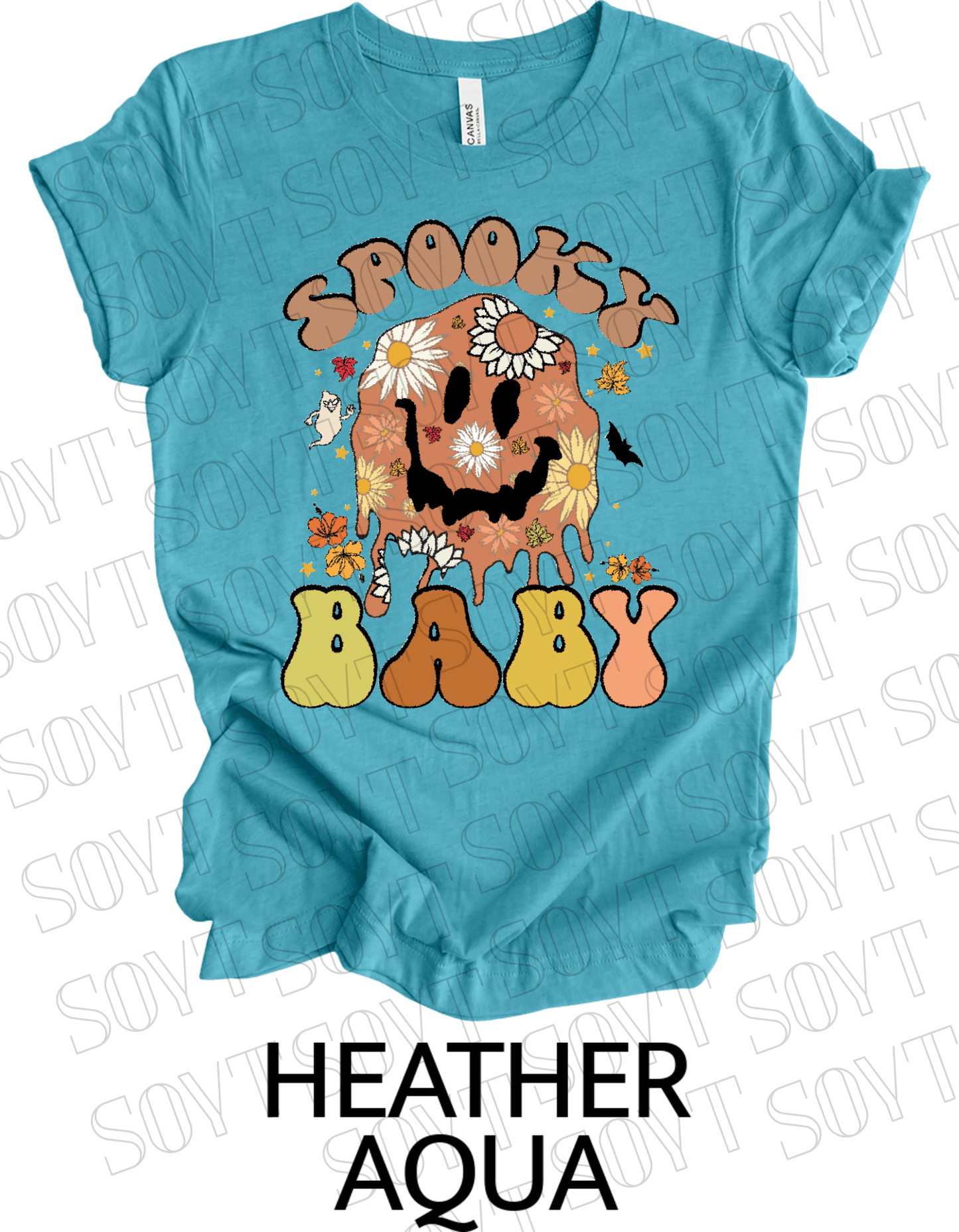 Spooky Baby Halloween T-Shirt – Retro Floral Smiley Face & Fall Daisies Graphic Tee - Festive Apparel StoreHeather Aqua