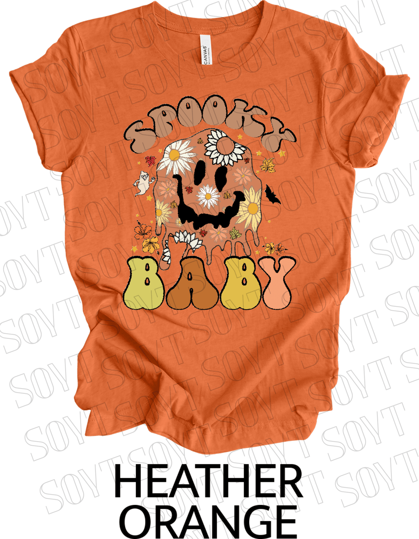 Spooky Baby Halloween T-Shirt – Retro Floral Smiley Face & Fall Daisies Graphic Tee - Festive Apparel StoreHeather Orange