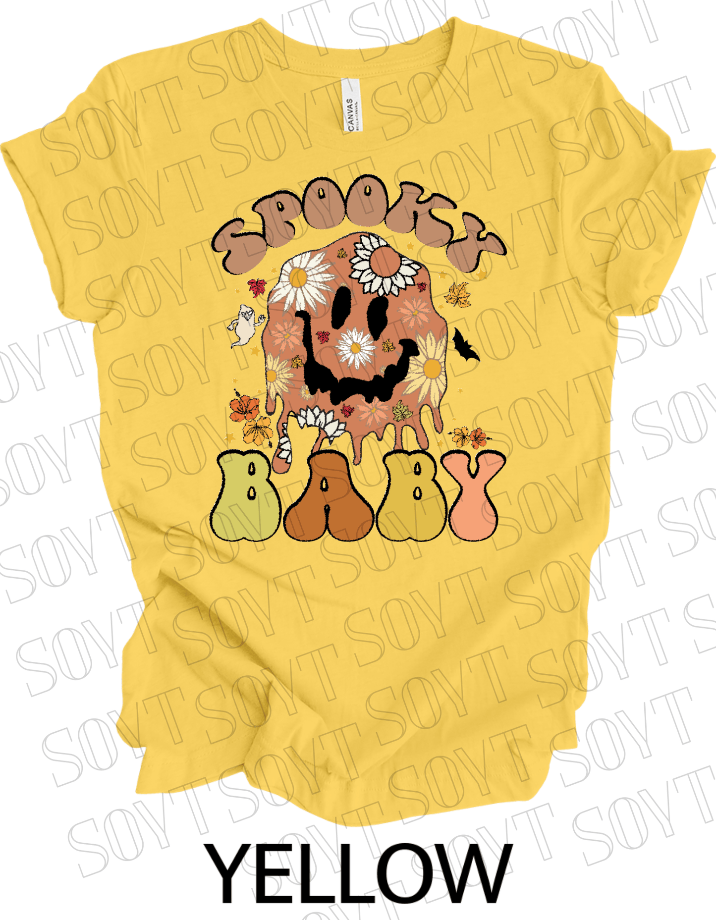 Spooky Baby Halloween T-Shirt – Retro Floral Smiley Face & Fall Daisies Graphic Tee - Festive Apparel StoreYellow