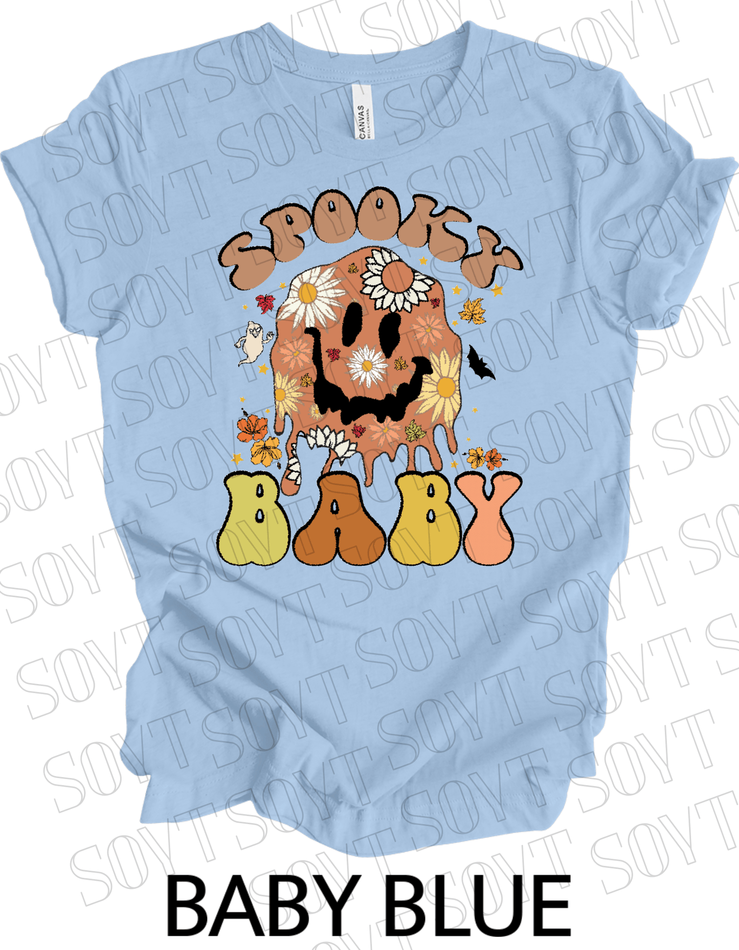 Spooky Baby Halloween T-Shirt – Retro Floral Smiley Face & Fall Daisies Graphic Tee - Festive Apparel StoreBaby Blue