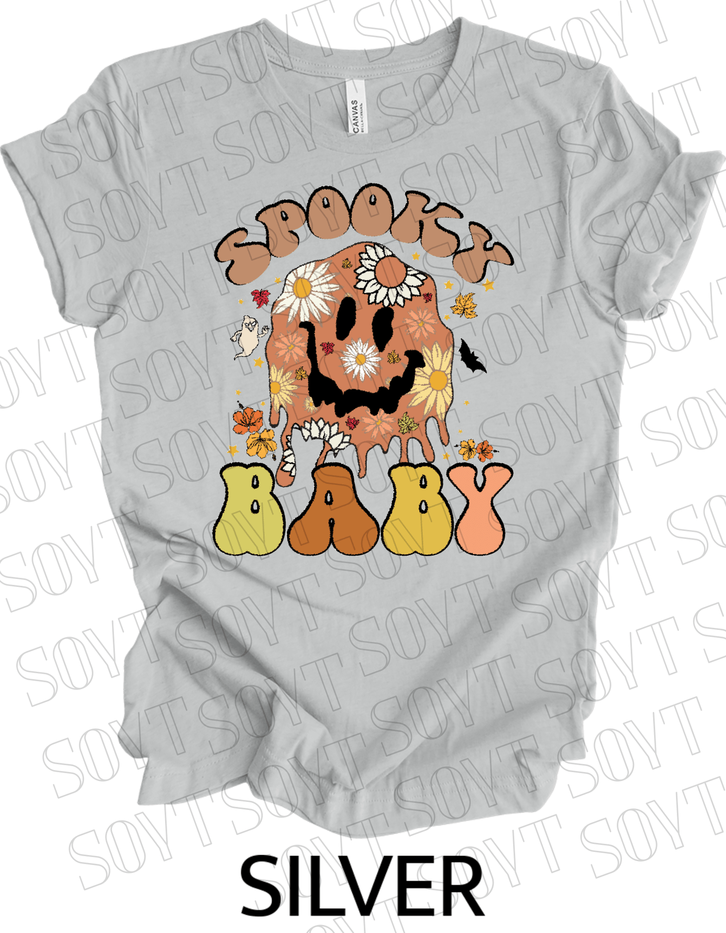 Spooky Baby Halloween T-Shirt – Retro Floral Smiley Face & Fall Daisies Graphic Tee - Festive Apparel StoreSilver