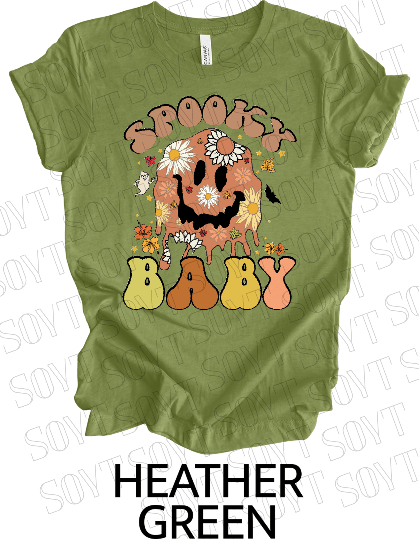 Spooky Baby Halloween T-Shirt – Retro Floral Smiley Face & Fall Daisies Graphic Tee - Festive Apparel StoreHeather Green