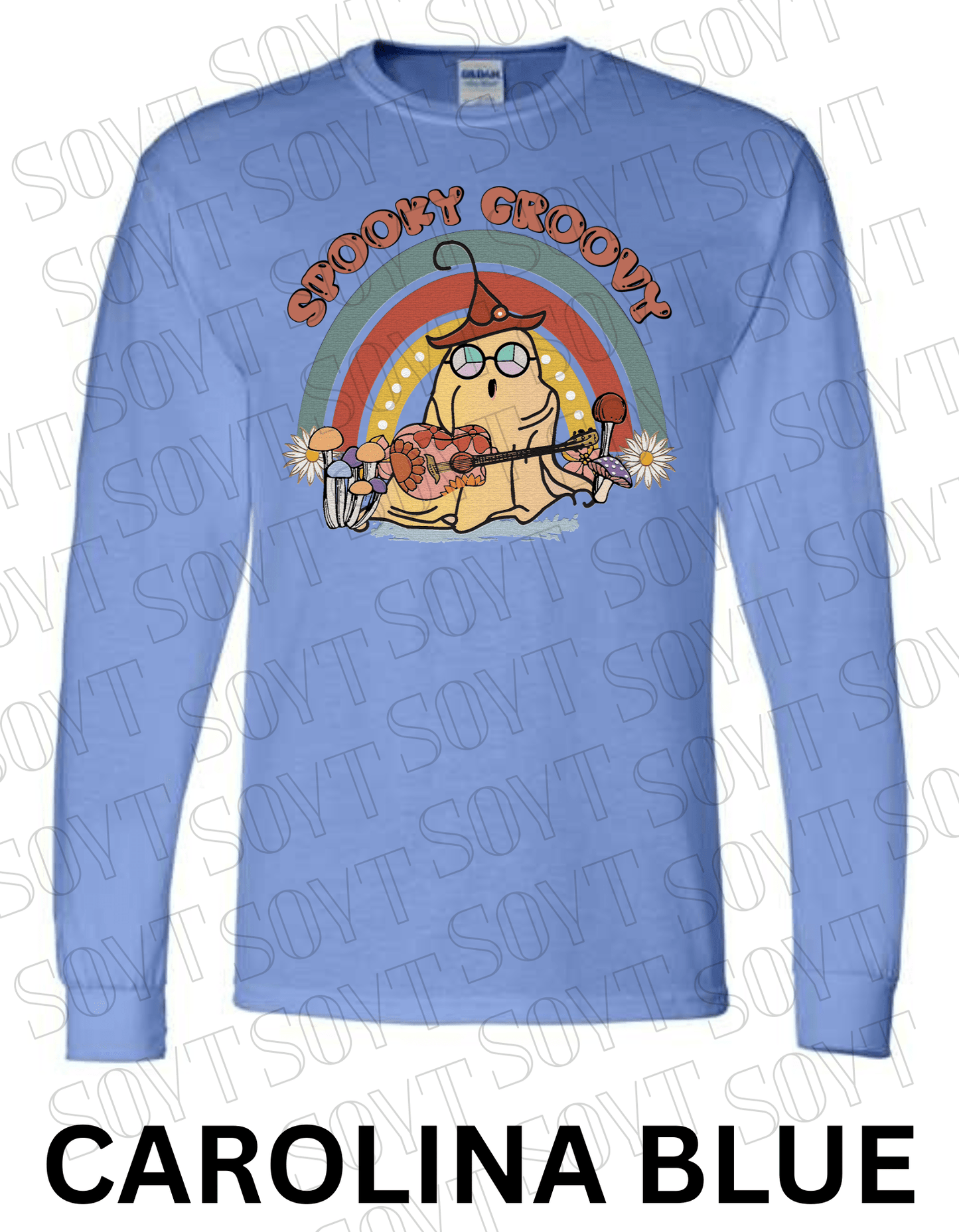 Spooky Groovy Halloween Long Sleeve – Retro Ghost with Guitar, Mushrooms & Rainbow Shirt - Festive Apparel StoreCarolina Blue
