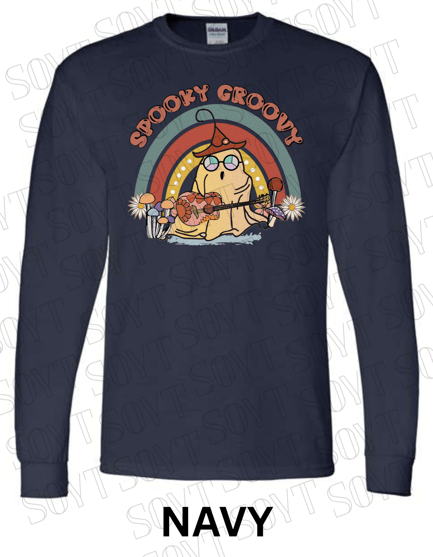 Spooky Groovy Halloween Long Sleeve – Retro Ghost with Guitar, Mushrooms & Rainbow Shirt - Festive Apparel StoreNavy Blue