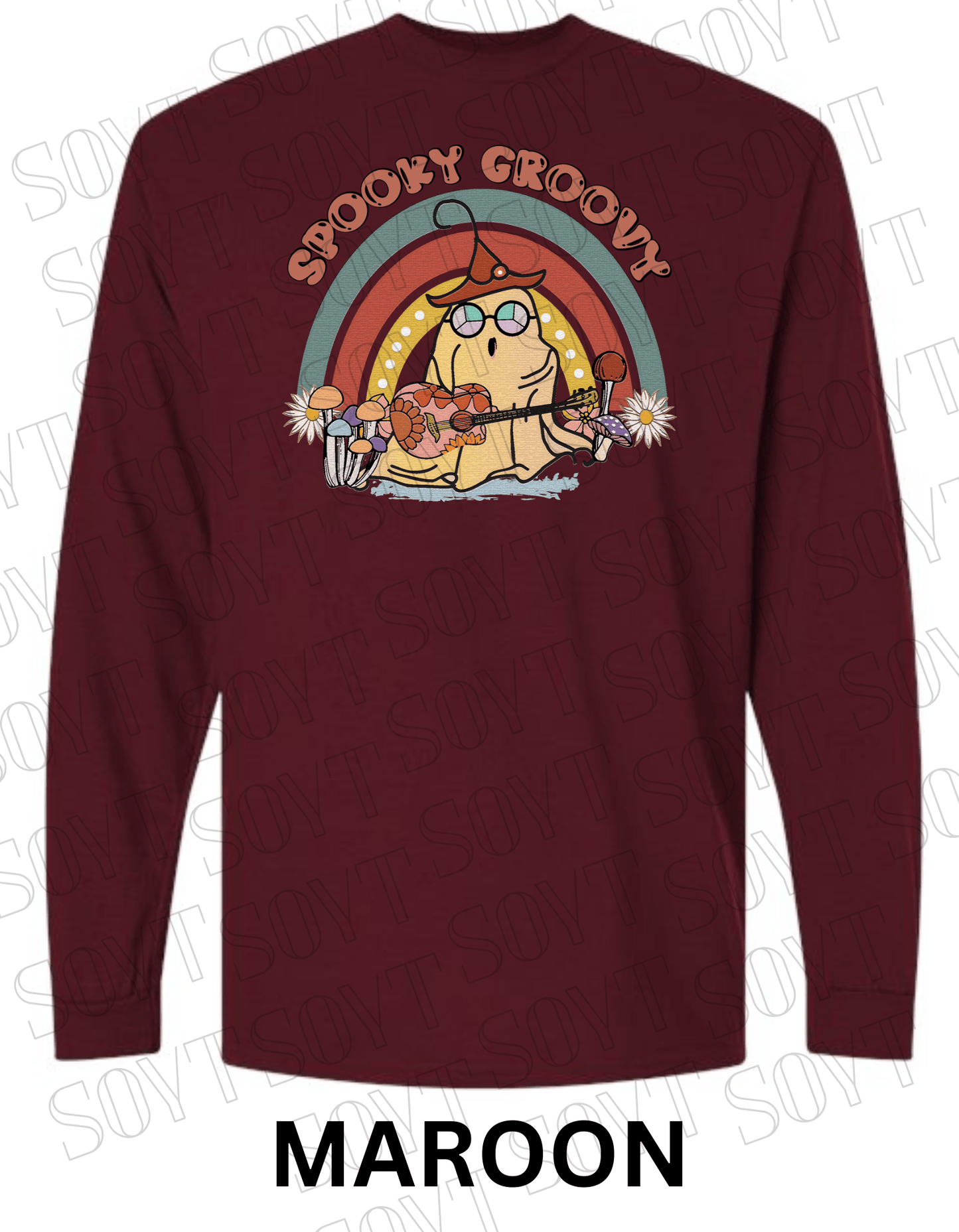 Spooky Groovy Halloween Long Sleeve – Retro Ghost with Guitar, Mushrooms & Rainbow Shirt - Festive Apparel StoreMaroon
