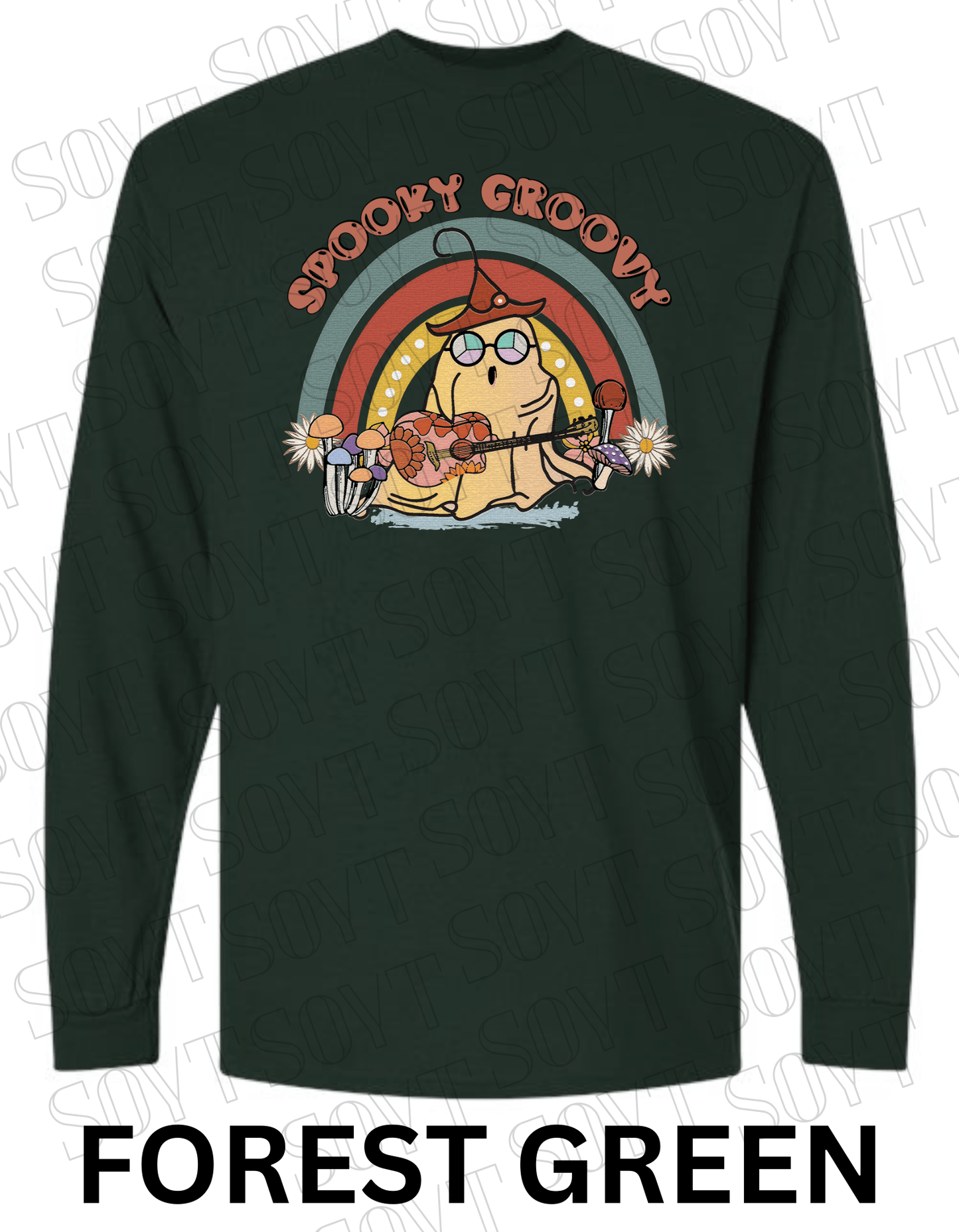 Spooky Groovy Halloween Long Sleeve – Retro Ghost with Guitar, Mushrooms & Rainbow Shirt - Festive Apparel StoreForest Green