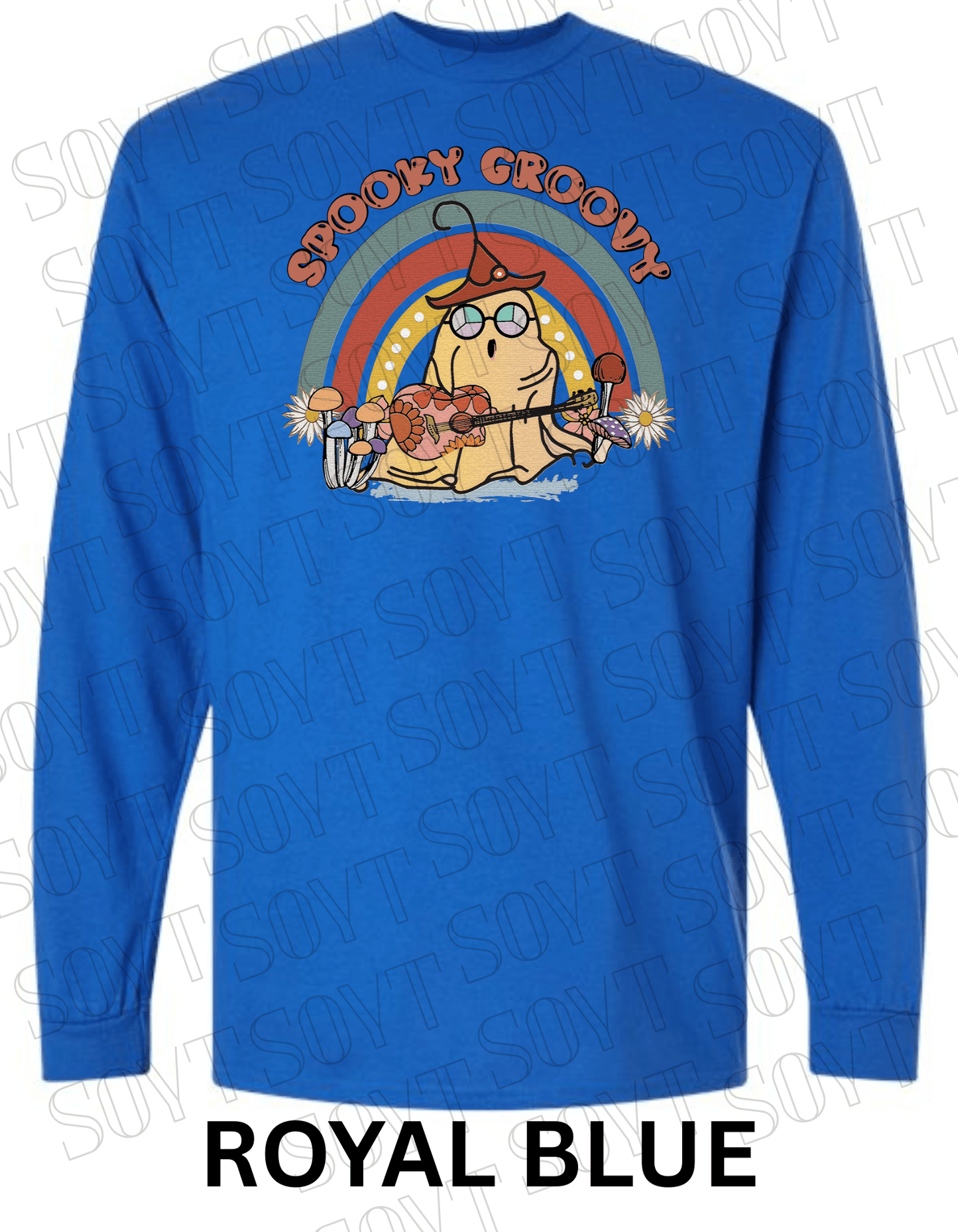 Spooky Groovy Halloween Long Sleeve – Retro Ghost with Guitar, Mushrooms & Rainbow Shirt - Festive Apparel StoreRoyal Blue