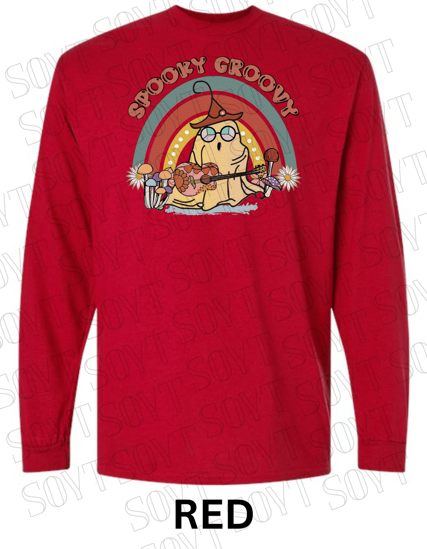 Spooky Groovy Halloween Long Sleeve – Retro Ghost with Guitar, Mushrooms & Rainbow Shirt - Festive Apparel StoreRed