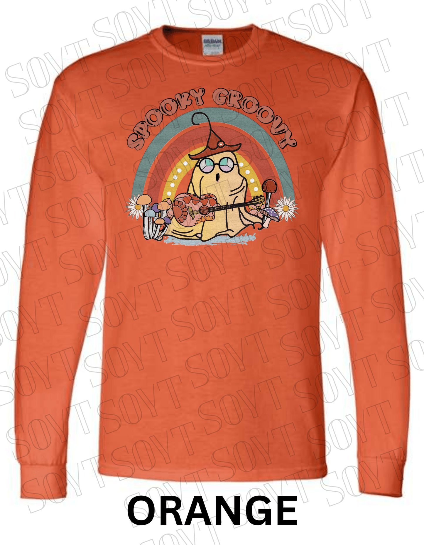 Spooky Groovy Halloween Long Sleeve – Retro Ghost with Guitar, Mushrooms & Rainbow Shirt - Festive Apparel StoreOrange