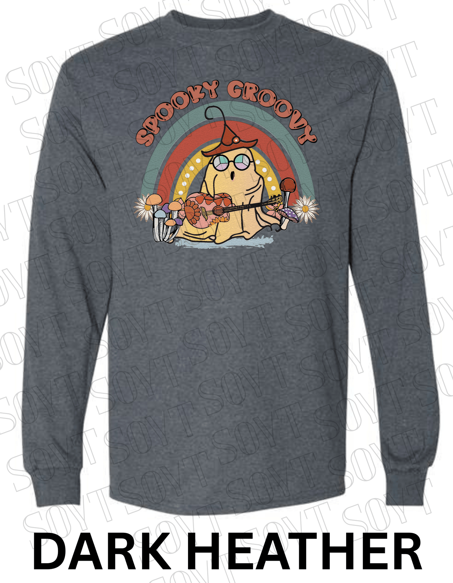 Spooky Groovy Halloween Long Sleeve – Retro Ghost with Guitar, Mushrooms & Rainbow Shirt - Festive Apparel StoreDark Heather