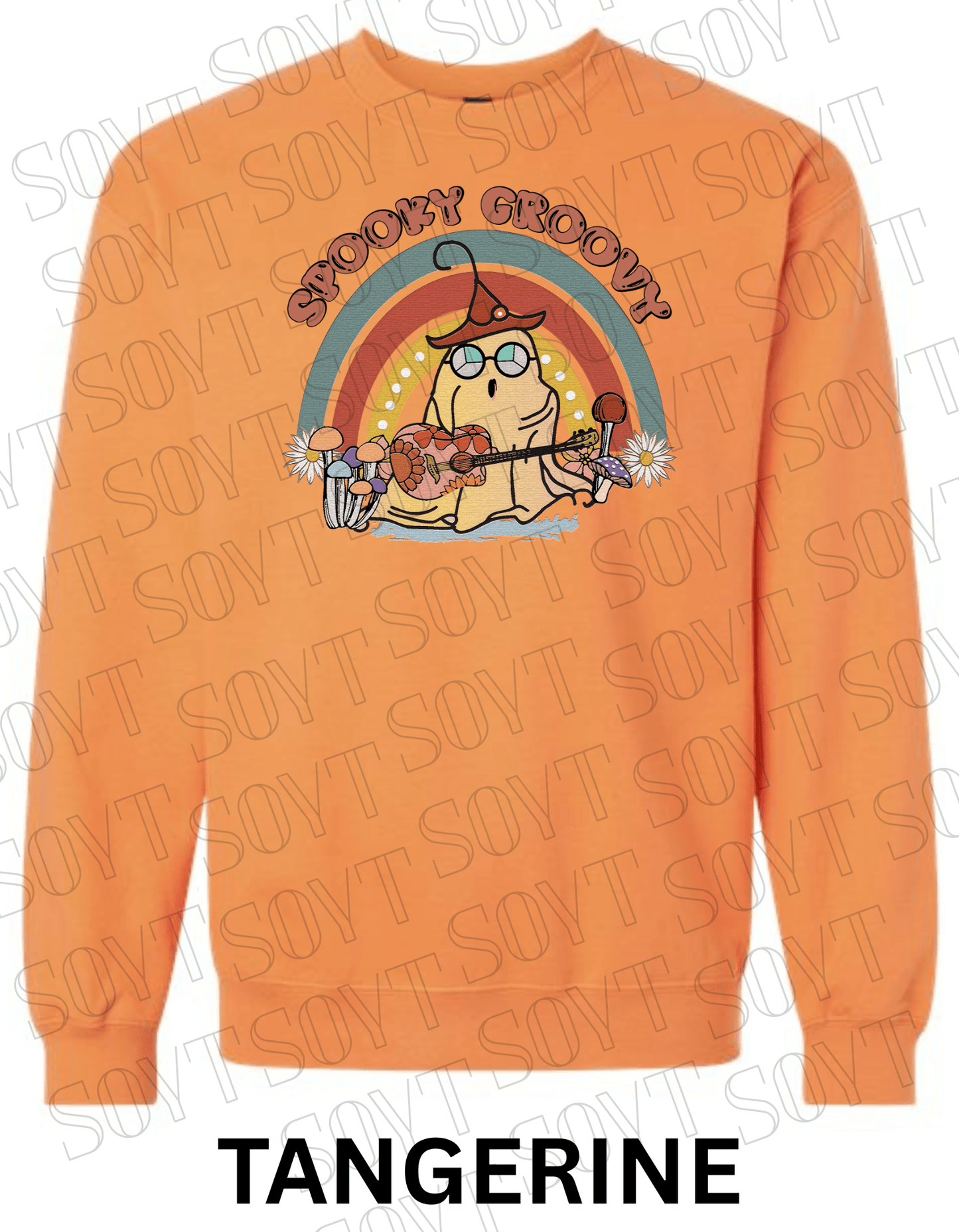 Spooky Groovy Halloween Sweatshirt – Retro Ghost with Guitar, Rainbow & Mushroom Fleece Pullover - Festive Apparel StoreTangerine