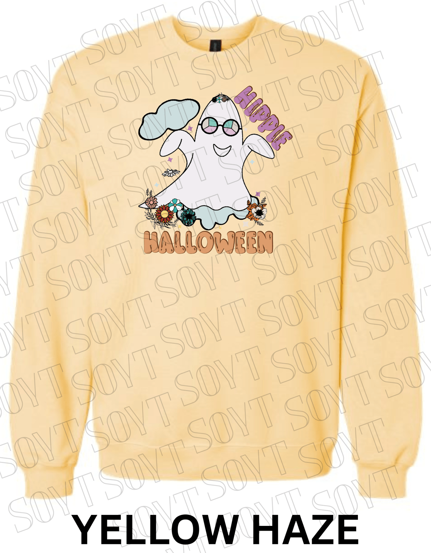 Spooky Groovy Halloween Sweatshirt – Retro Ghost with Guitar, Rainbow & Mushroom Fleece Pullover - Festive Apparel StoreYellow Haze
