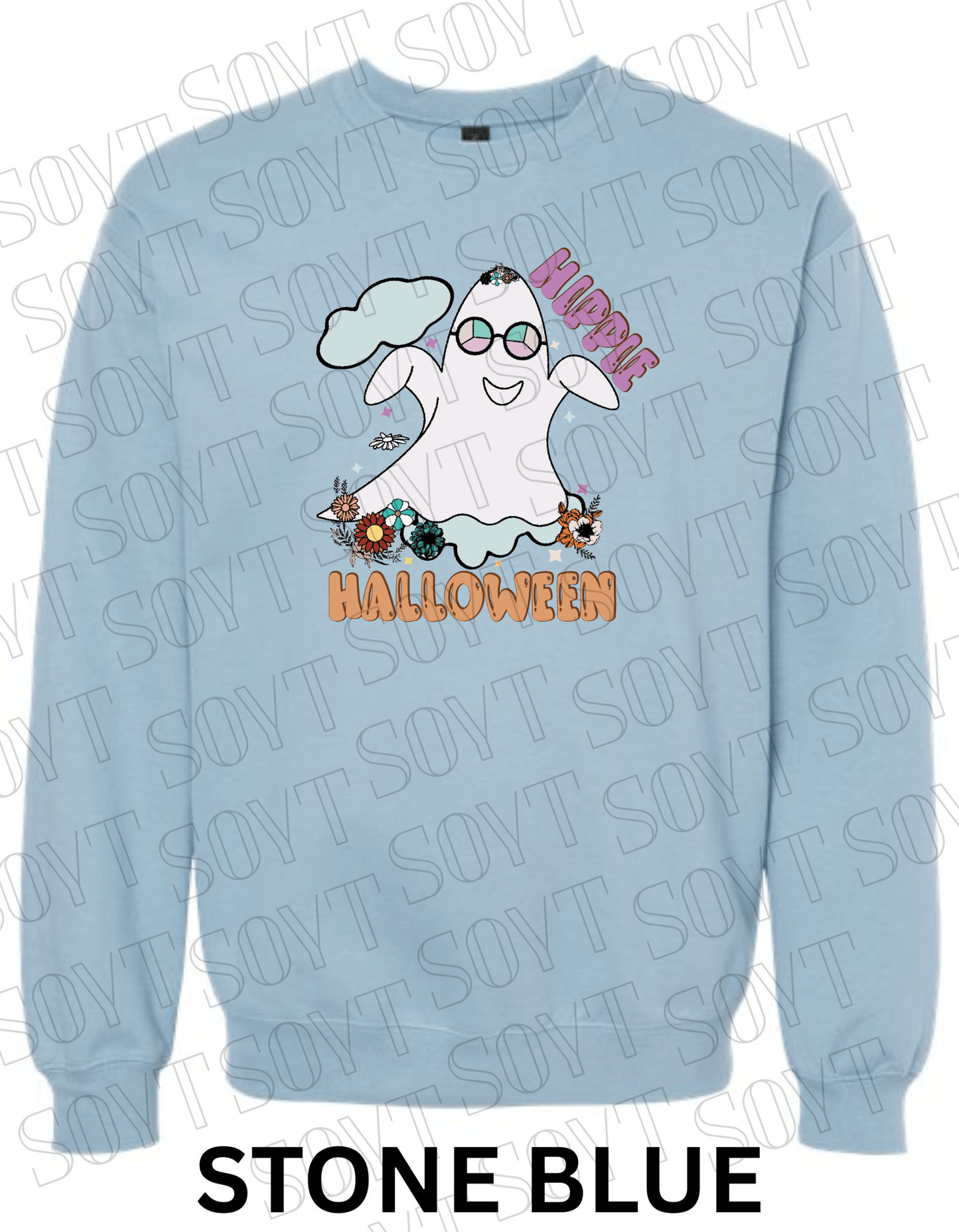 Spooky Groovy Halloween Sweatshirt – Retro Ghost with Guitar, Rainbow & Mushroom Fleece Pullover - Festive Apparel StoreStone Blue