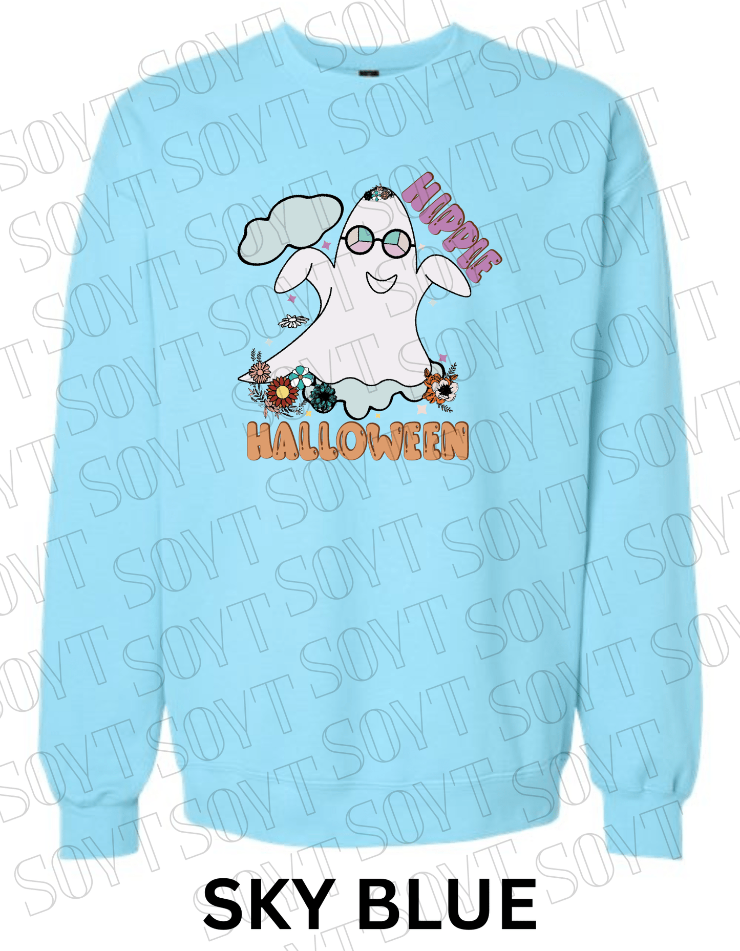 Spooky Groovy Halloween Sweatshirt – Retro Ghost with Guitar, Rainbow & Mushroom Fleece Pullover - Festive Apparel StoreSky Blue