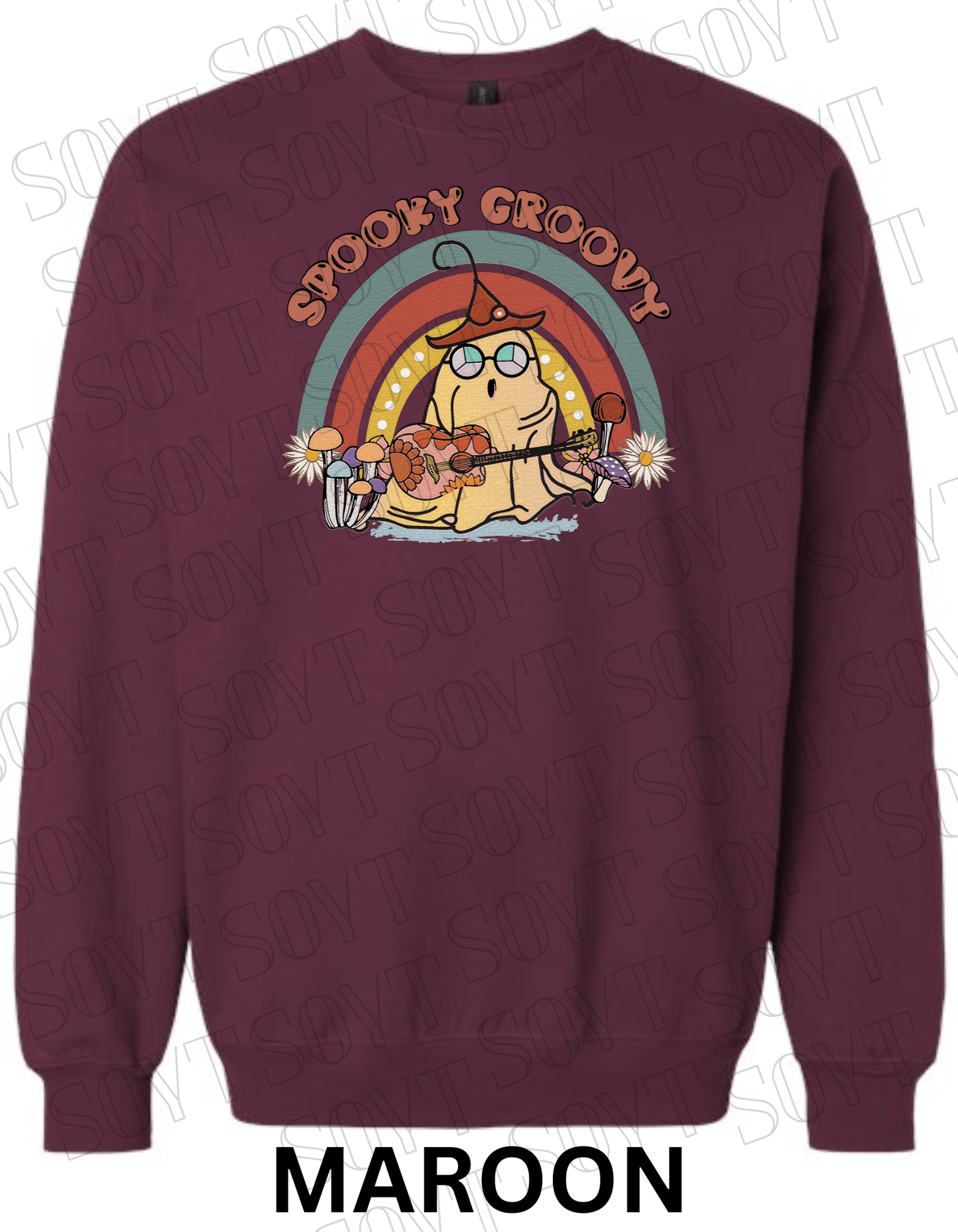 Spooky Groovy Halloween Sweatshirt – Retro Ghost with Guitar, Rainbow & Mushroom Fleece Pullover - Festive Apparel StoreMaroon