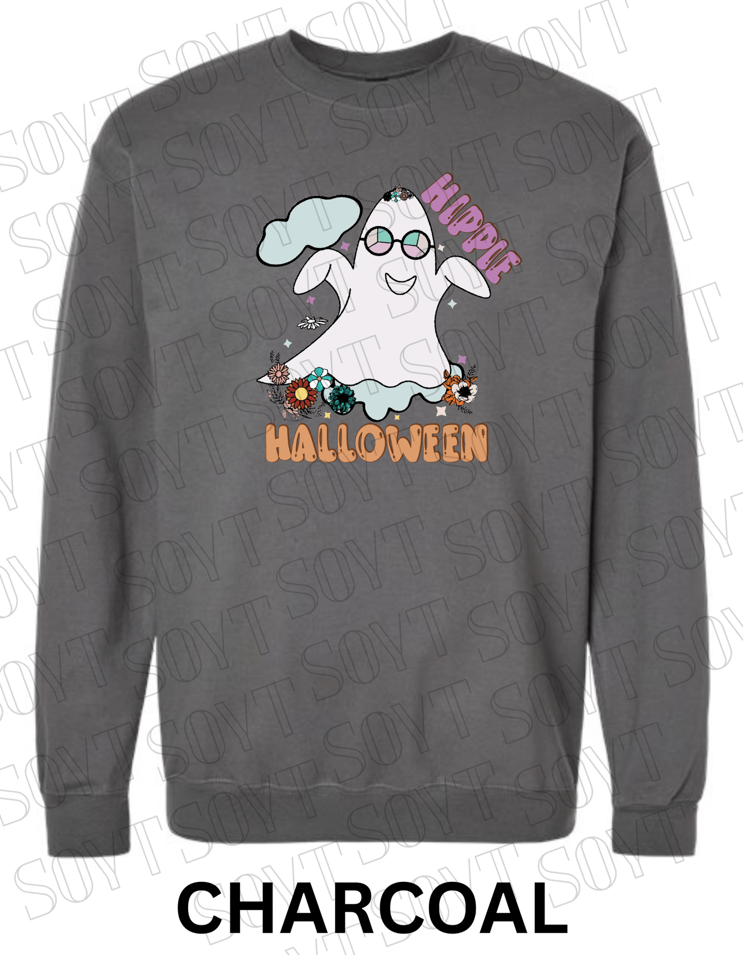 Spooky Groovy Halloween Sweatshirt – Retro Ghost with Guitar, Rainbow & Mushroom Fleece Pullover - Festive Apparel StoreCharcoal