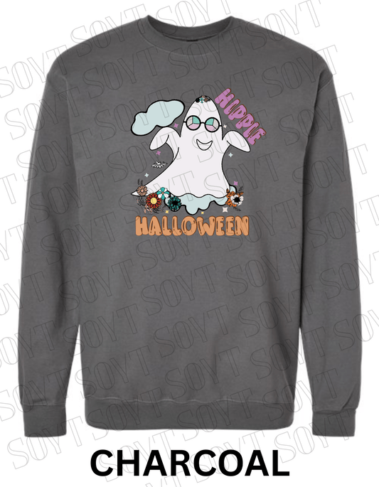Spooky Groovy Halloween Sweatshirt – Retro Ghost with Guitar, Rainbow & Mushroom Fleece Pullover - Festive Apparel StoreCharcoal