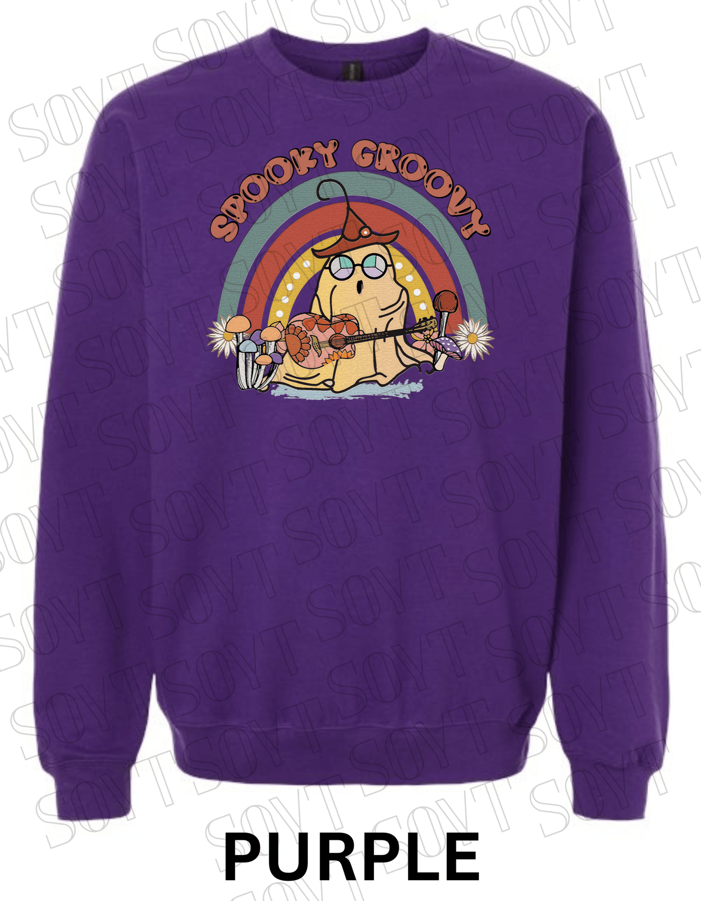 Spooky Groovy Halloween Sweatshirt – Retro Ghost with Guitar, Rainbow & Mushroom Fleece Pullover - Festive Apparel StorePurple