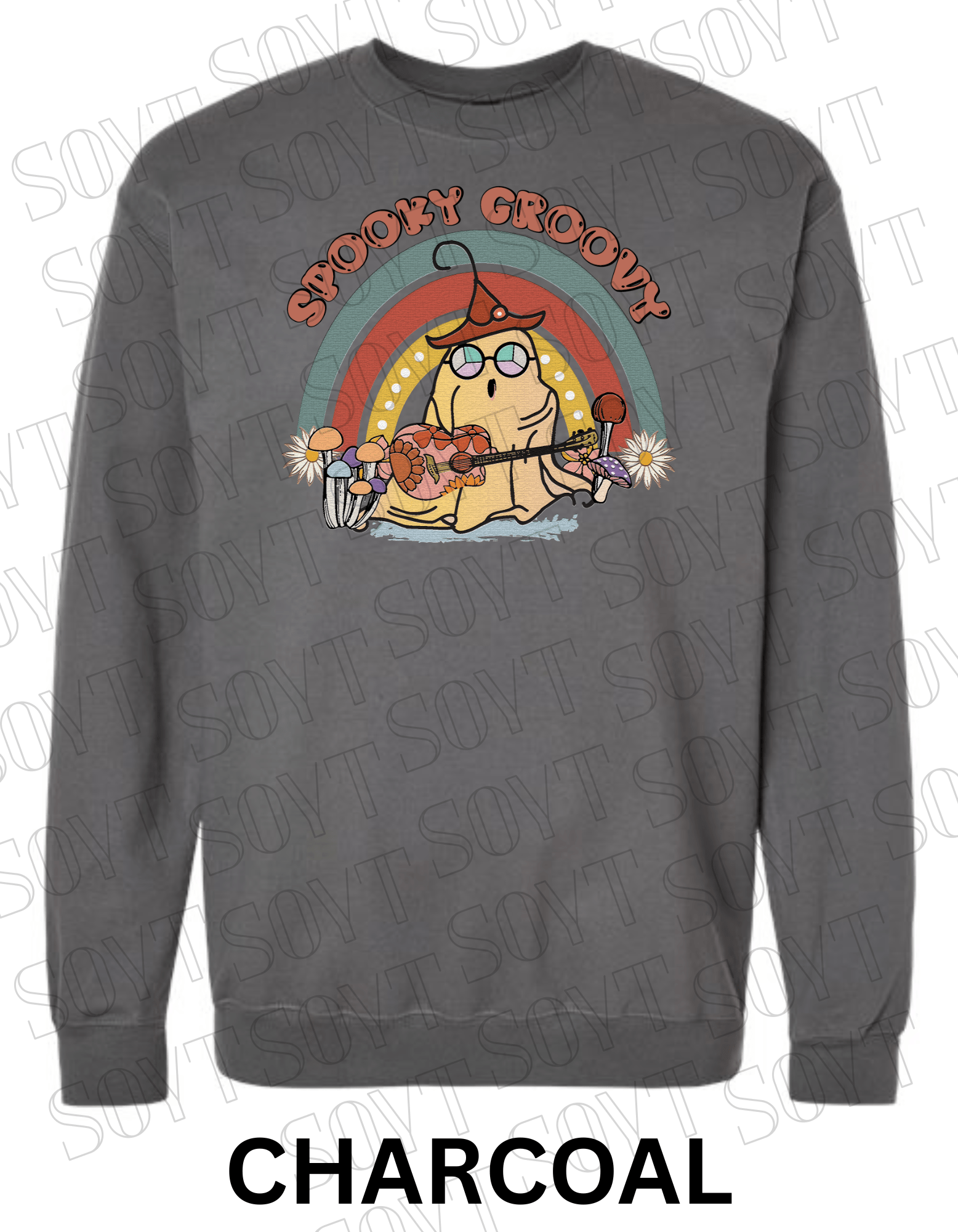Spooky Groovy Halloween Sweatshirt – Retro Ghost with Guitar, Rainbow & Mushroom Fleece Pullover - Festive Apparel StoreCharcoal