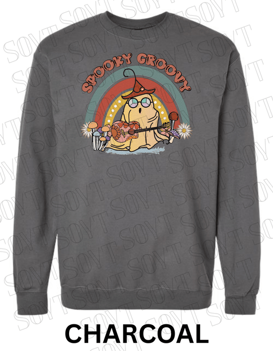 Spooky Groovy Halloween Sweatshirt – Retro Ghost with Guitar, Rainbow & Mushroom Fleece Pullover - Festive Apparel StoreCharcoal