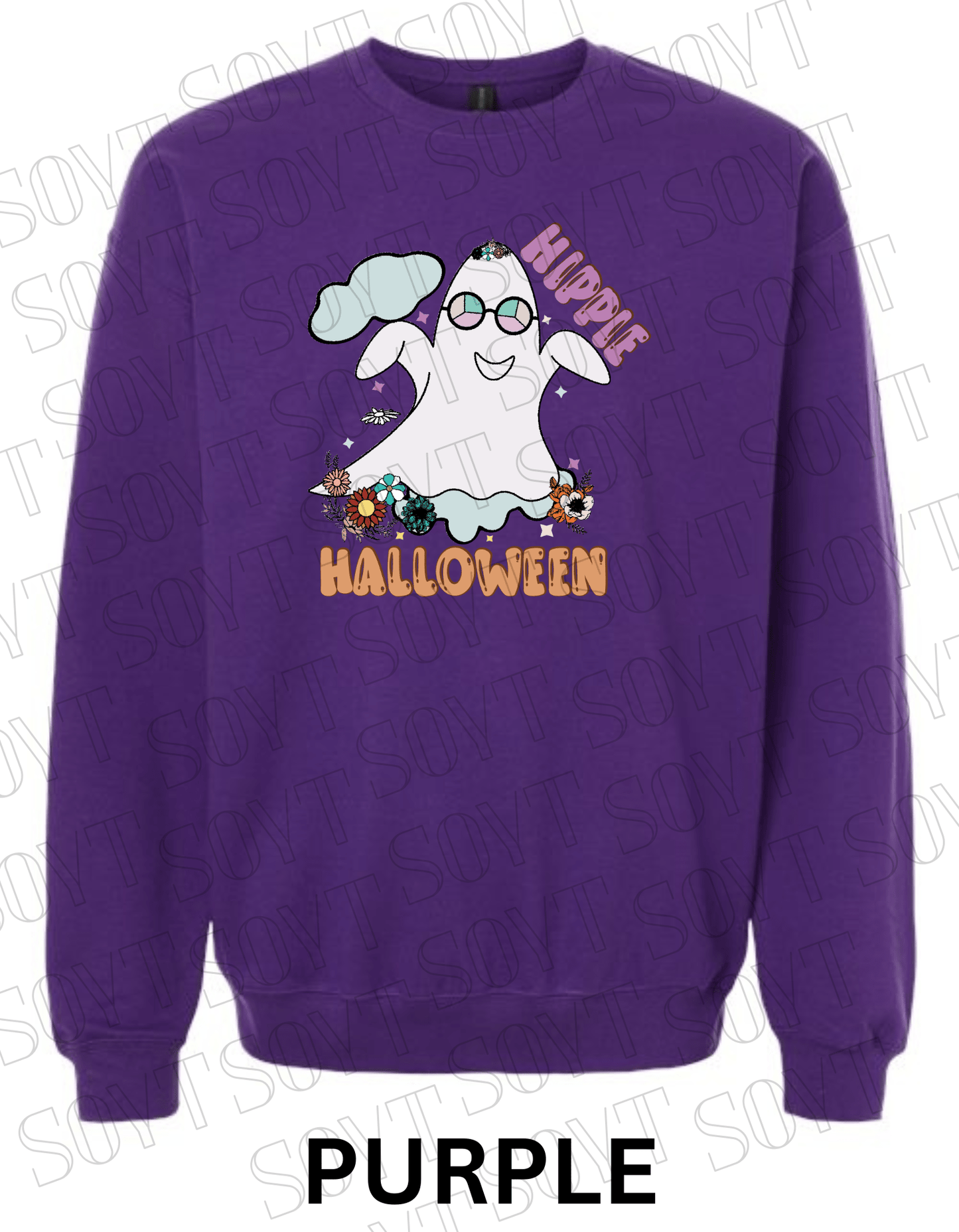 Spooky Groovy Halloween Sweatshirt – Retro Ghost with Guitar, Rainbow & Mushroom Fleece Pullover - Festive Apparel StorePurple