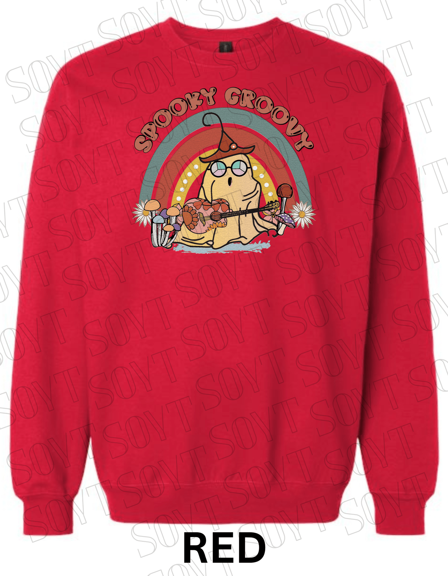 Spooky Groovy Halloween Sweatshirt – Retro Ghost with Guitar, Rainbow & Mushroom Fleece Pullover - Festive Apparel StoreRed