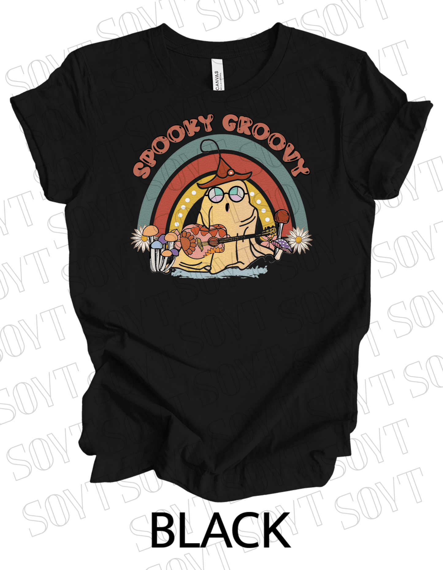 Spooky Groovy Halloween T-Shirt – Retro Ghost with Guitar, Mushrooms & Rainbow Graphic Tee - Festive Apparel StoreBlack