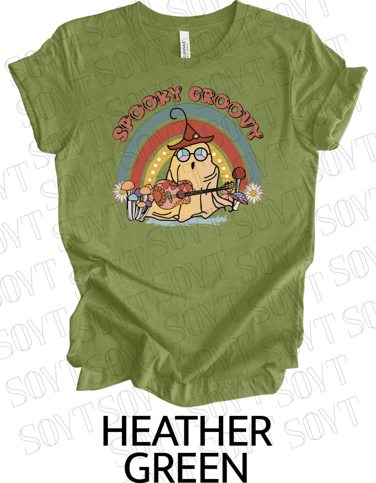 Spooky Groovy Halloween T-Shirt – Retro Ghost with Guitar, Mushrooms & Rainbow Graphic Tee - Festive Apparel StoreHeather Green