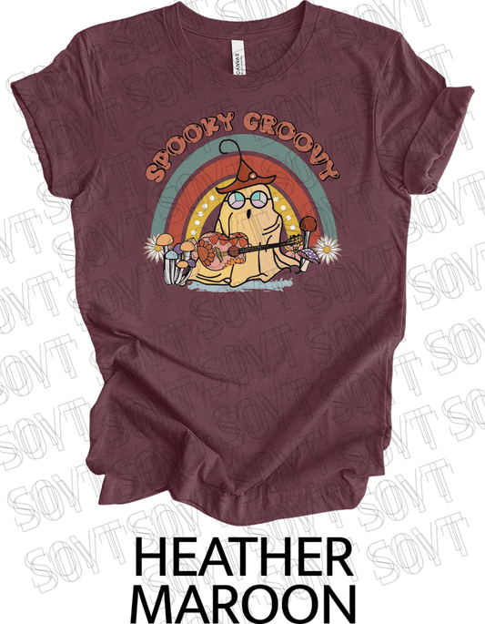 Spooky Groovy Halloween T-Shirt – Retro Ghost with Guitar, Mushrooms & Rainbow Graphic Tee - Festive Apparel StoreHeather Maroon