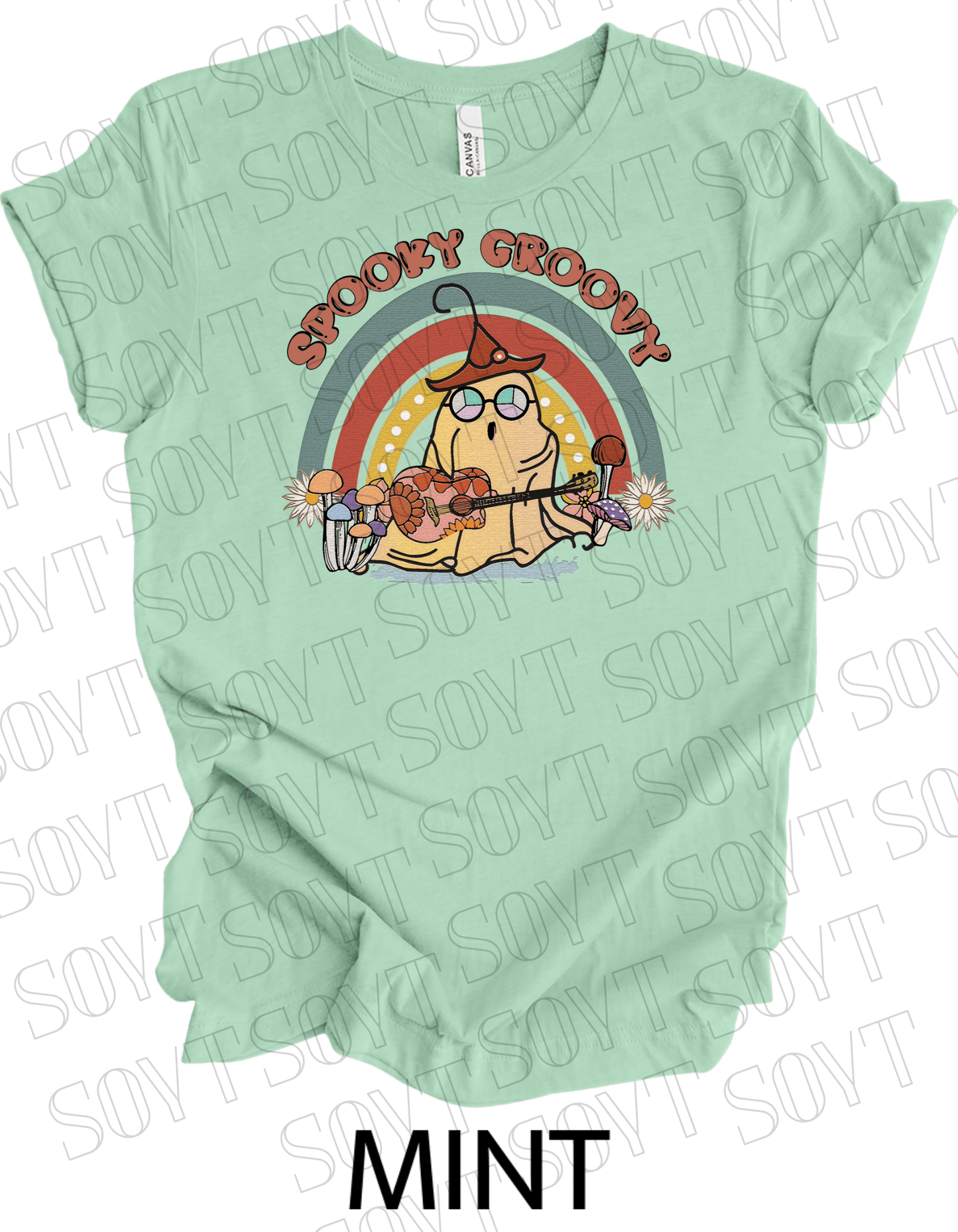 Spooky Groovy Halloween T-Shirt – Retro Ghost with Guitar, Mushrooms & Rainbow Graphic Tee - Festive Apparel StoreMint