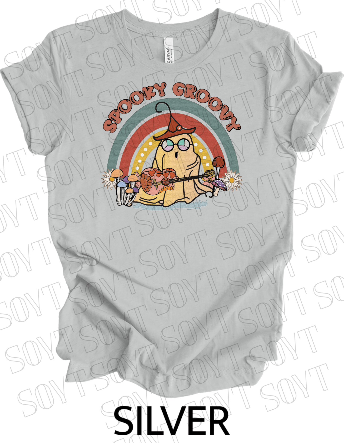 Spooky Groovy Halloween T-Shirt – Retro Ghost with Guitar, Mushrooms & Rainbow Graphic Tee - Festive Apparel StoreSilver