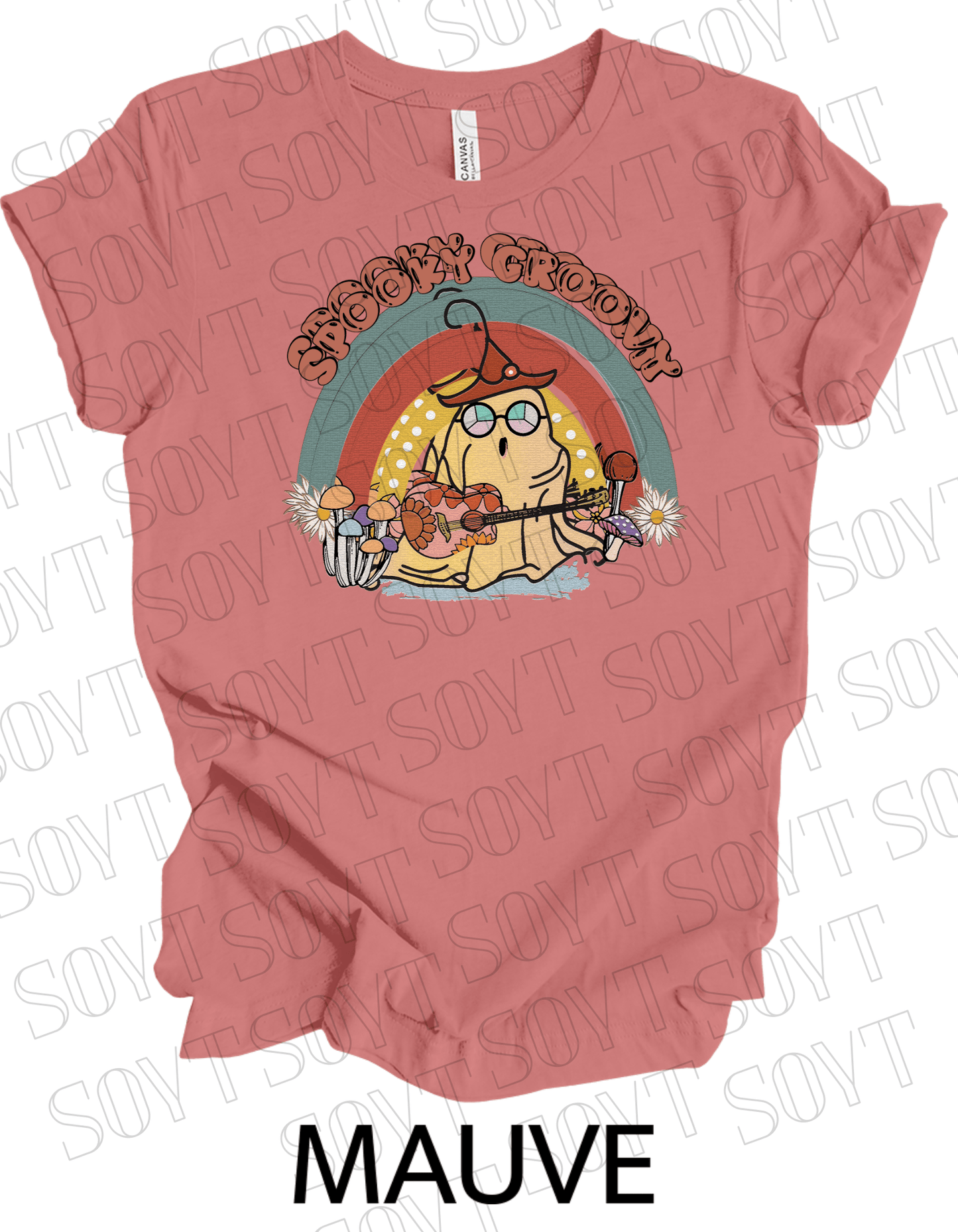 Spooky Groovy Halloween T-Shirt – Retro Ghost with Guitar, Mushrooms & Rainbow Graphic Tee - Festive Apparel StoreMauve