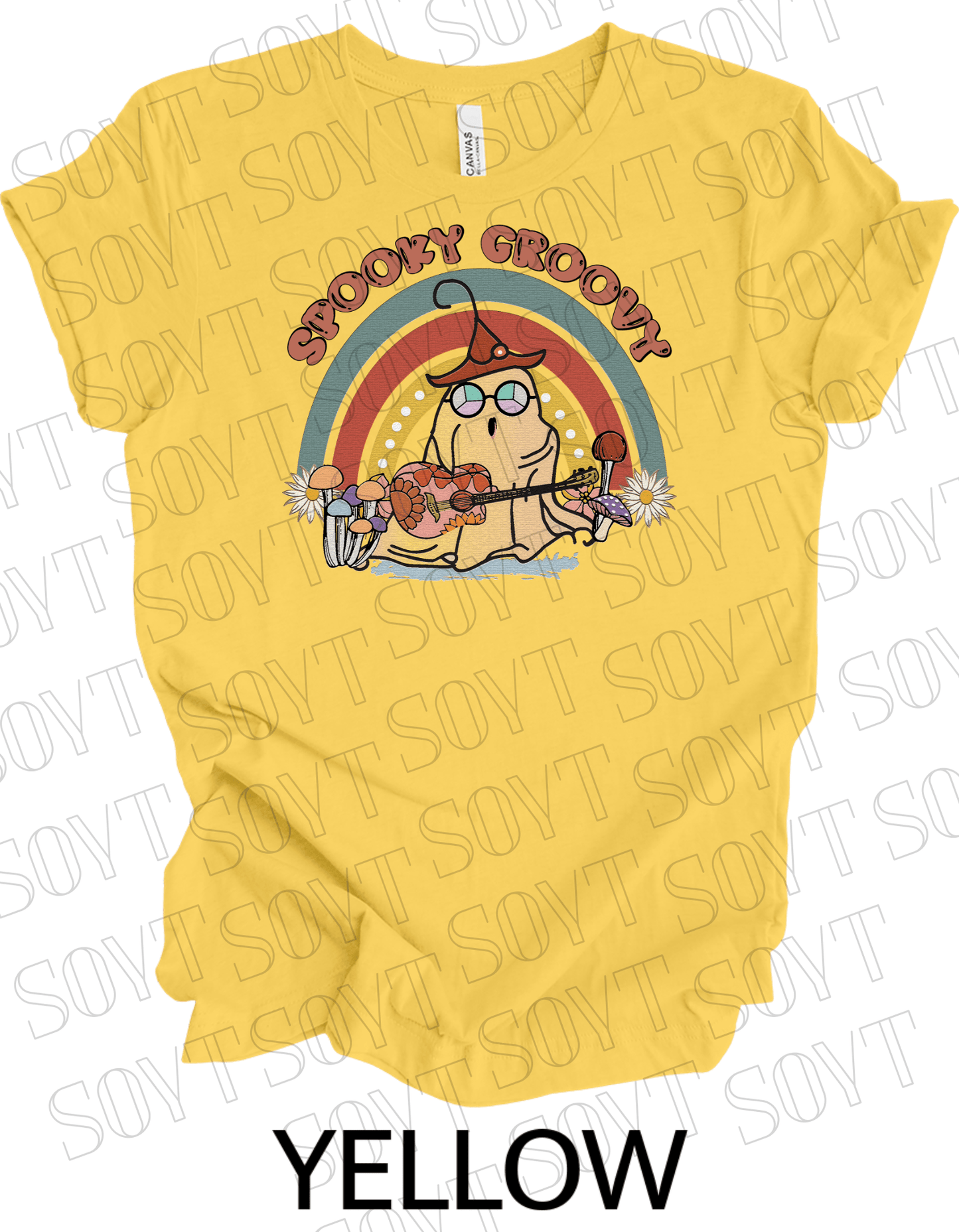 Spooky Groovy Halloween T-Shirt – Retro Ghost with Guitar, Mushrooms & Rainbow Graphic Tee - Festive Apparel StoreYellow