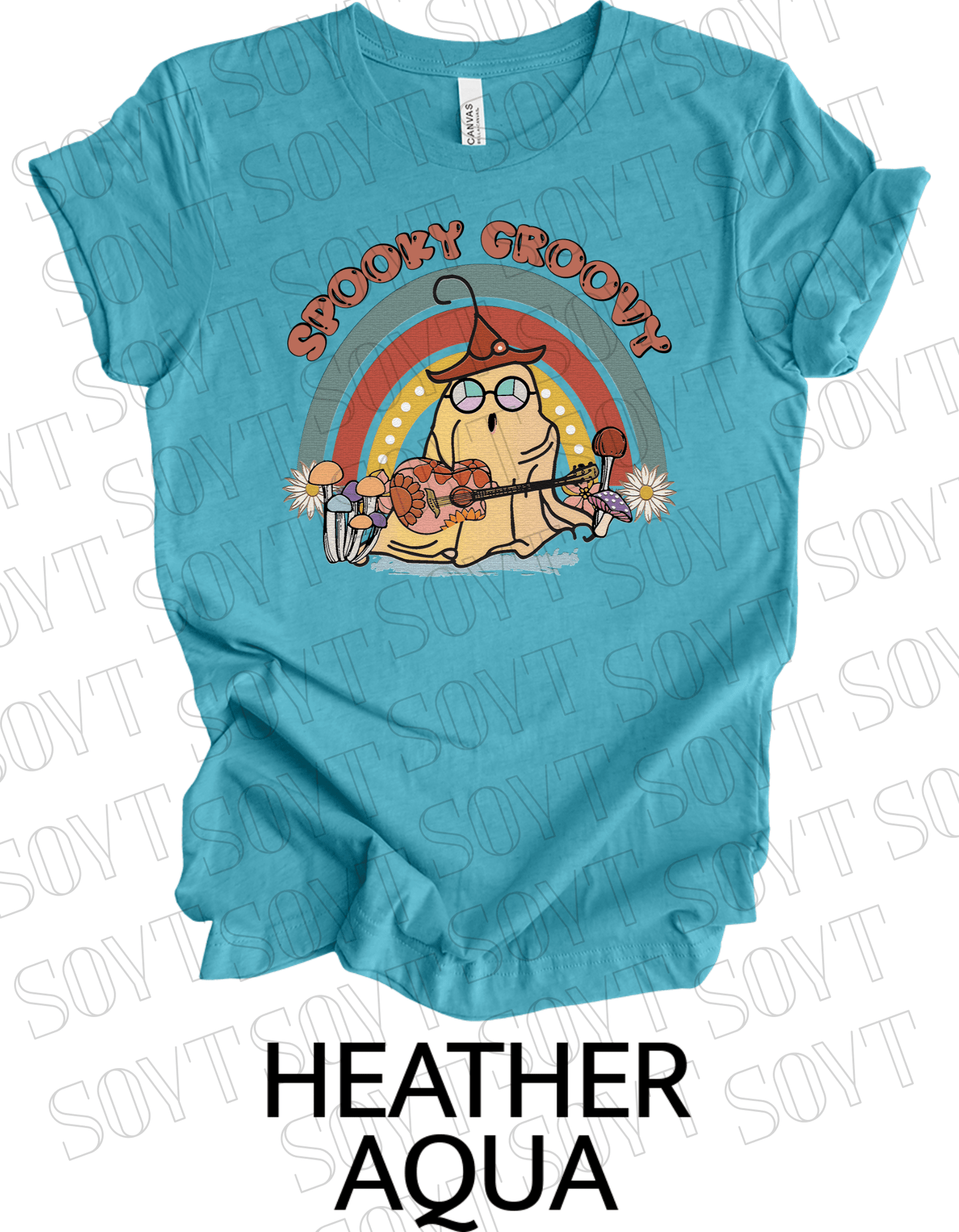 Spooky Groovy Halloween T-Shirt – Retro Ghost with Guitar, Mushrooms & Rainbow Graphic Tee - Festive Apparel StoreHeather Aqua