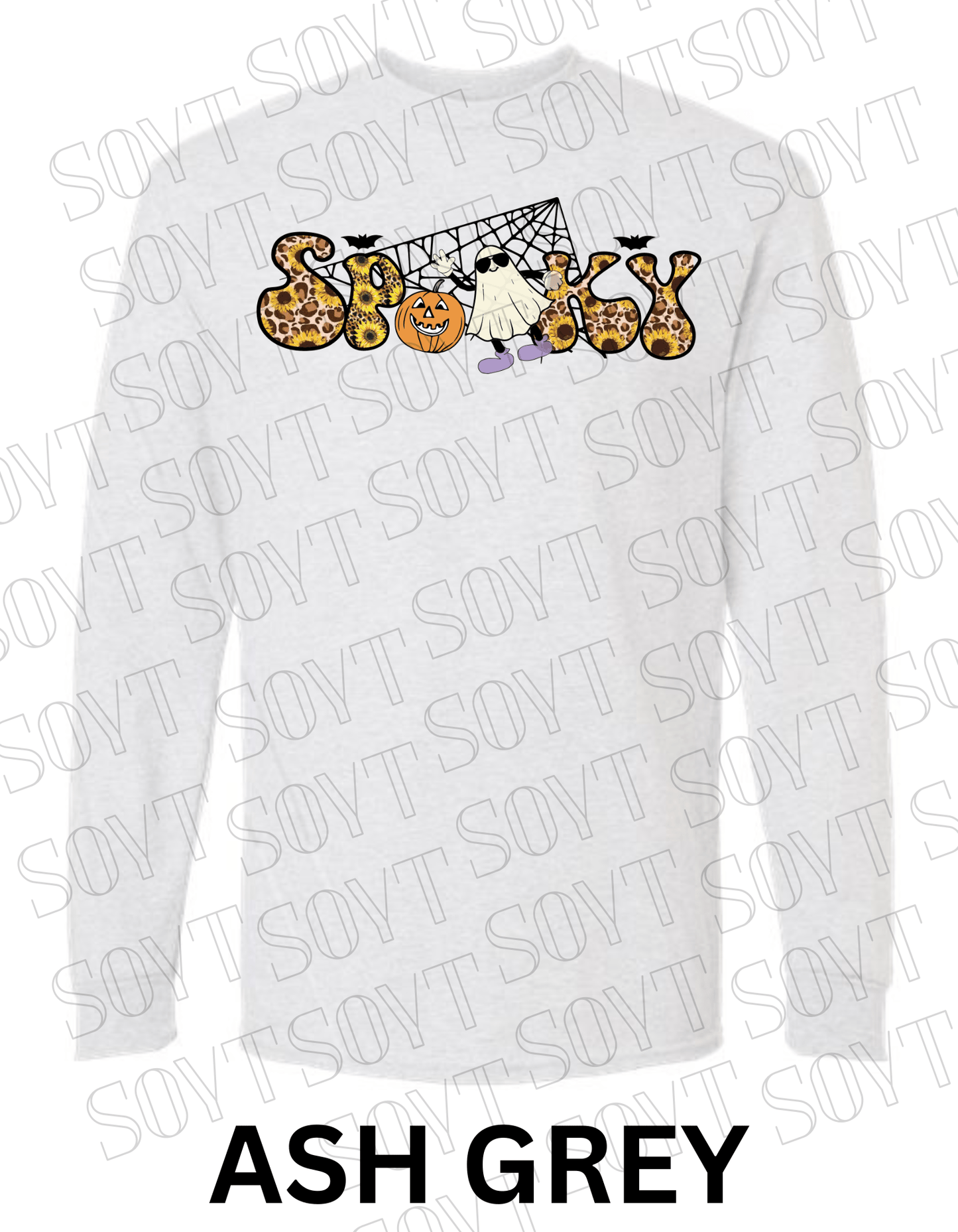 Spooky Halloween Long Sleeve – Leopard Print, Sunflowers, Ghost & Pumpkin Shirt - Festive Apparel StoreAsh Gray