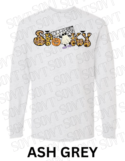 Spooky Halloween Long Sleeve – Leopard Print, Sunflowers, Ghost & Pumpkin Shirt - Festive Apparel StoreAsh Gray