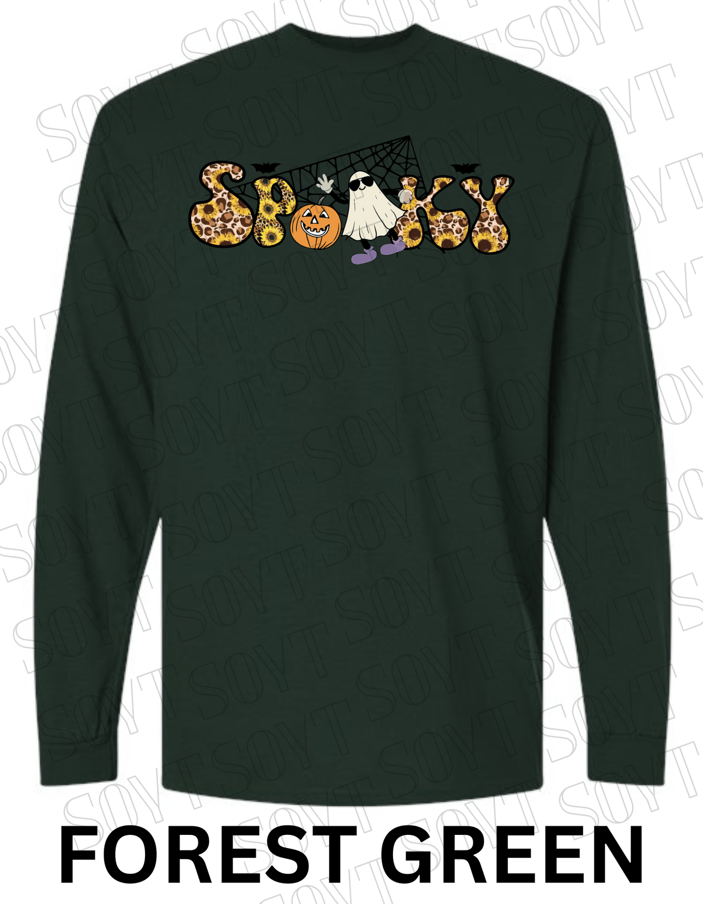 Spooky Halloween Long Sleeve – Leopard Print, Sunflowers, Ghost & Pumpkin Shirt - Festive Apparel StoreForest Green