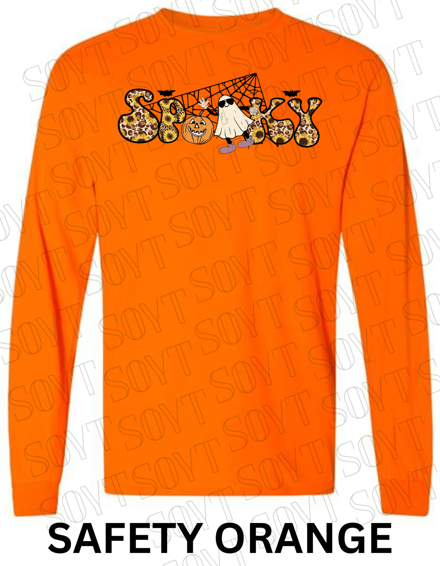 Spooky Halloween Long Sleeve – Leopard Print, Sunflowers, Ghost & Pumpkin Shirt - Festive Apparel StoreSafety Orange