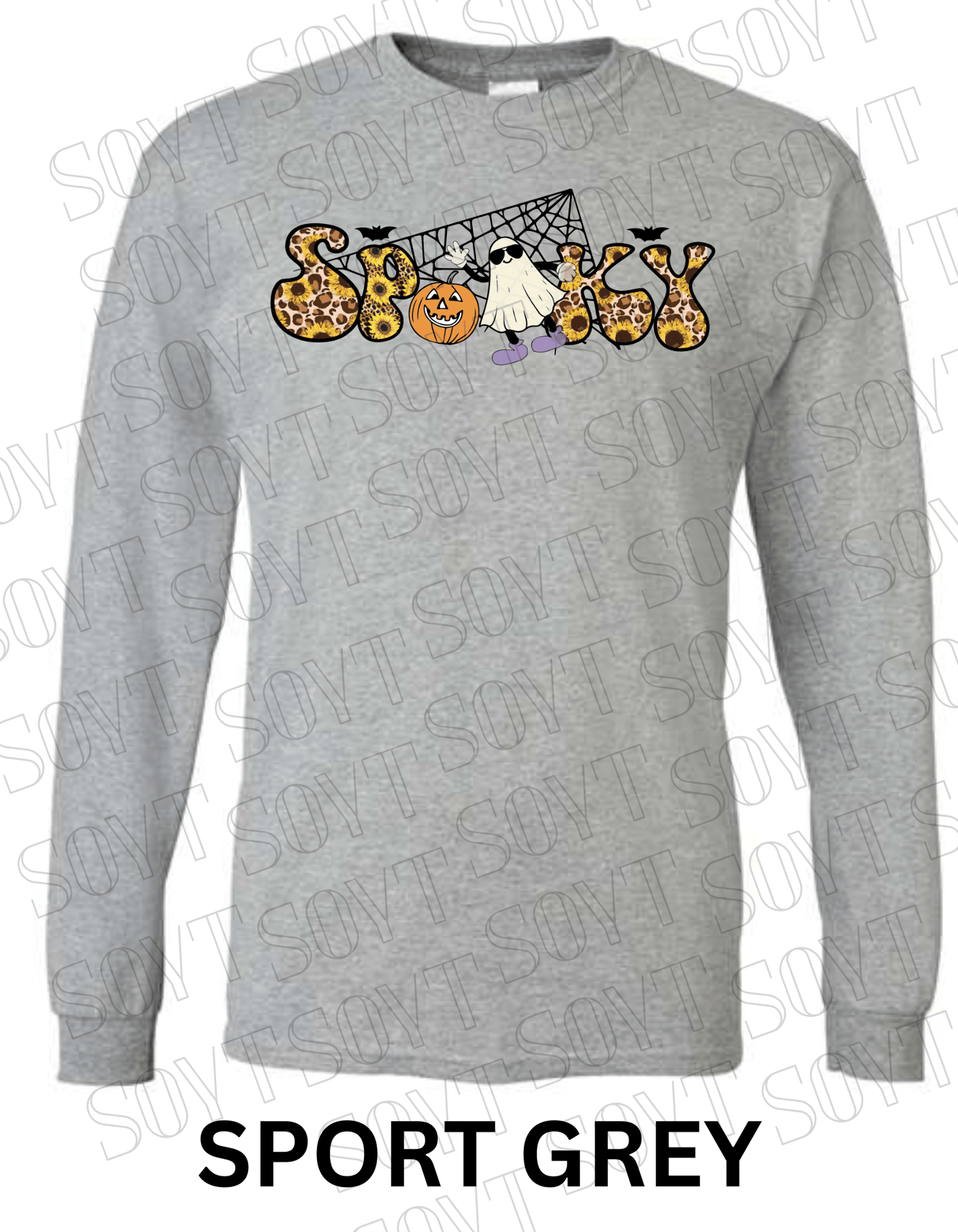 Spooky Halloween Long Sleeve – Leopard Print, Sunflowers, Ghost & Pumpkin Shirt - Festive Apparel StoreSport Grey