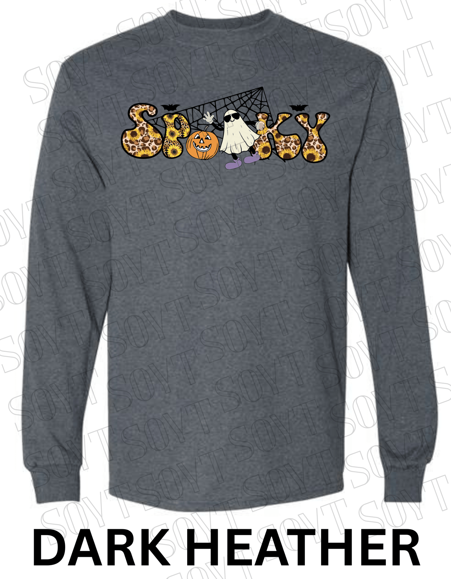 Spooky Halloween Long Sleeve – Leopard Print, Sunflowers, Ghost & Pumpkin Shirt - Festive Apparel StoreDark Heather