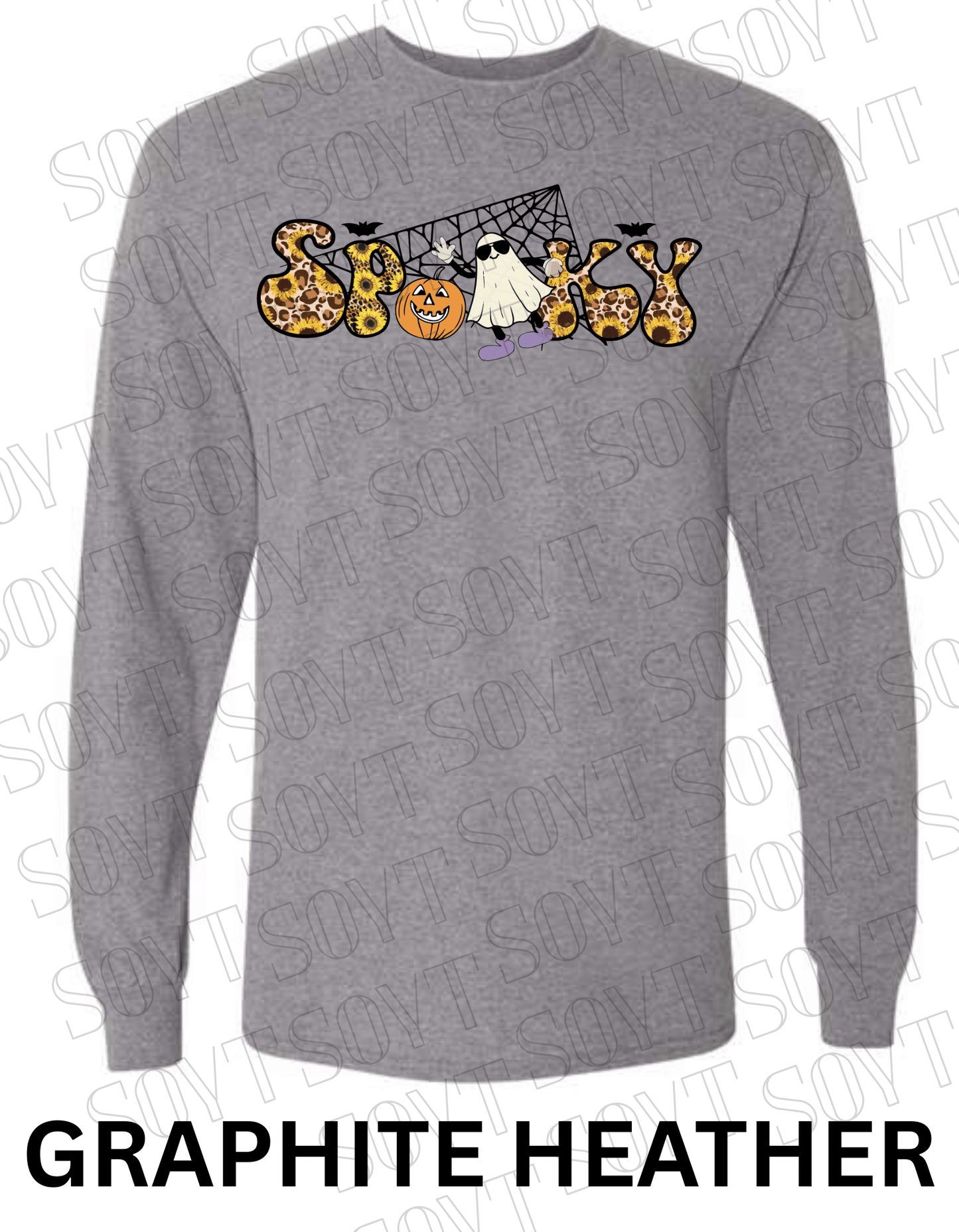 Spooky Halloween Long Sleeve – Leopard Print, Sunflowers, Ghost & Pumpkin Shirt - Festive Apparel StoreGraphite Heather