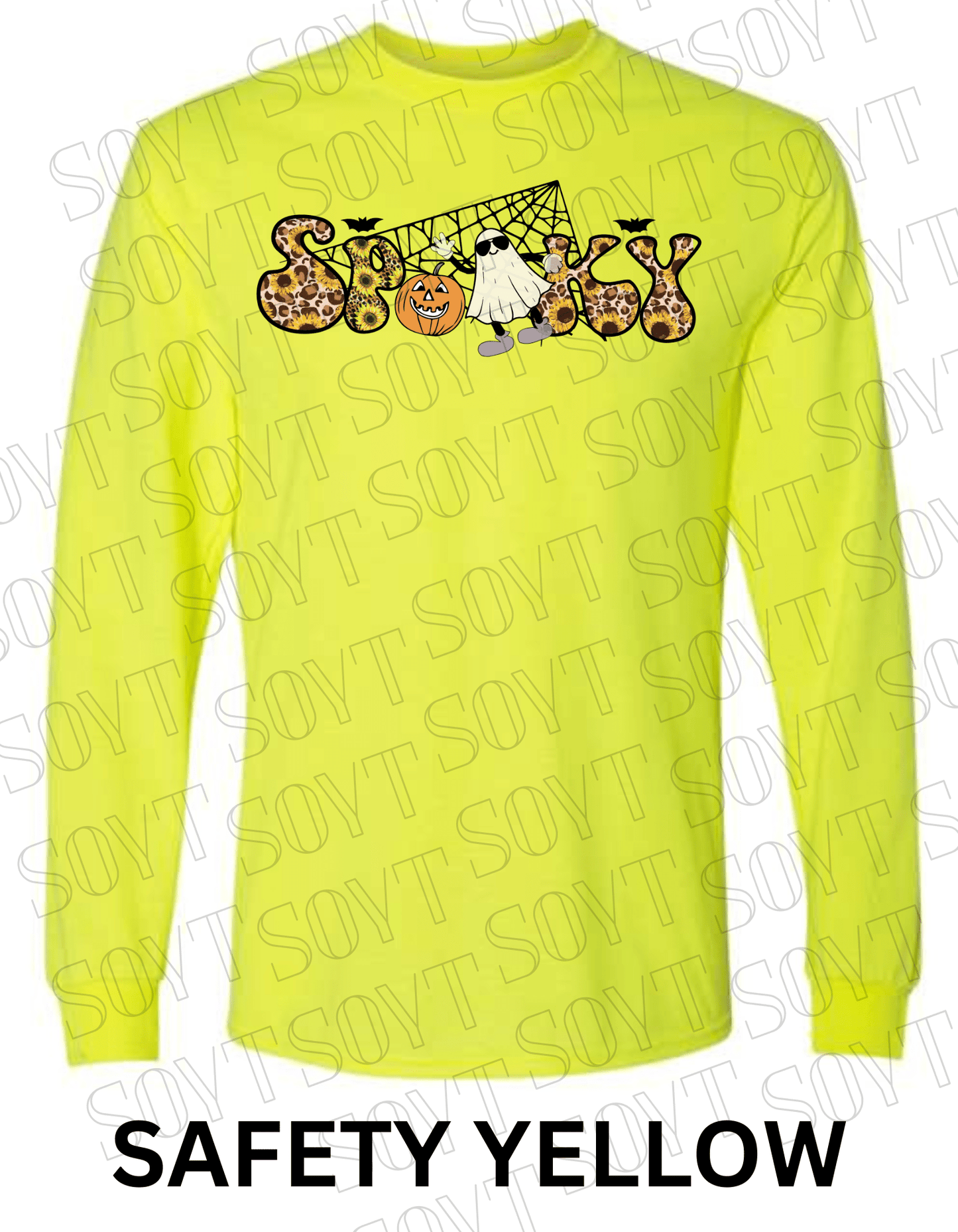 Spooky Halloween Long Sleeve – Leopard Print, Sunflowers, Ghost & Pumpkin Shirt - Festive Apparel StoreSafety Yellow