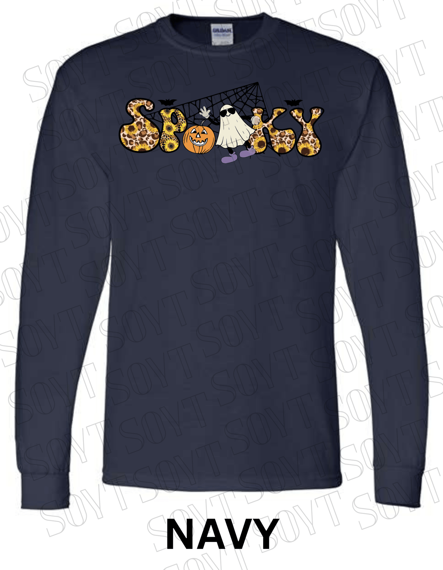 Spooky Halloween Long Sleeve – Leopard Print, Sunflowers, Ghost & Pumpkin Shirt - Festive Apparel StoreNavy Blue